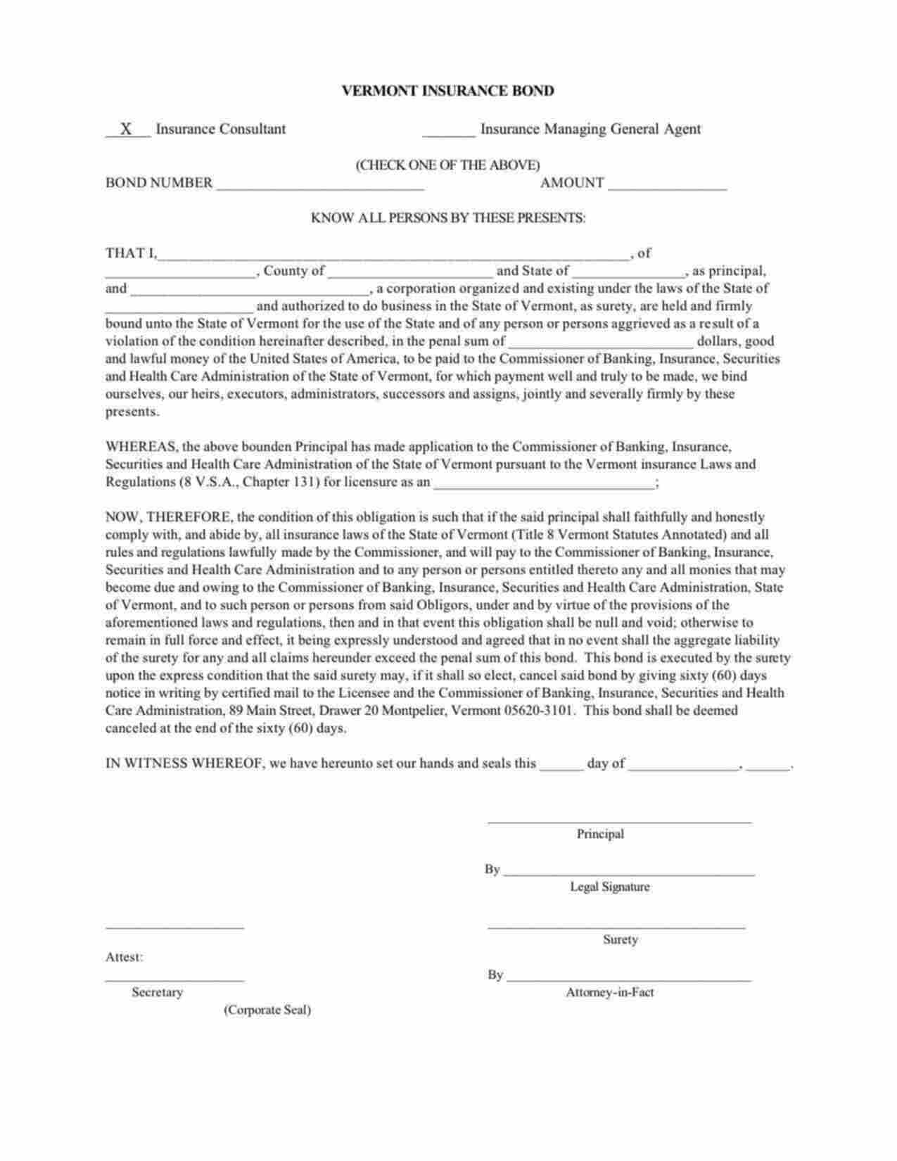 Vermont Insurance Consultant Bond Form