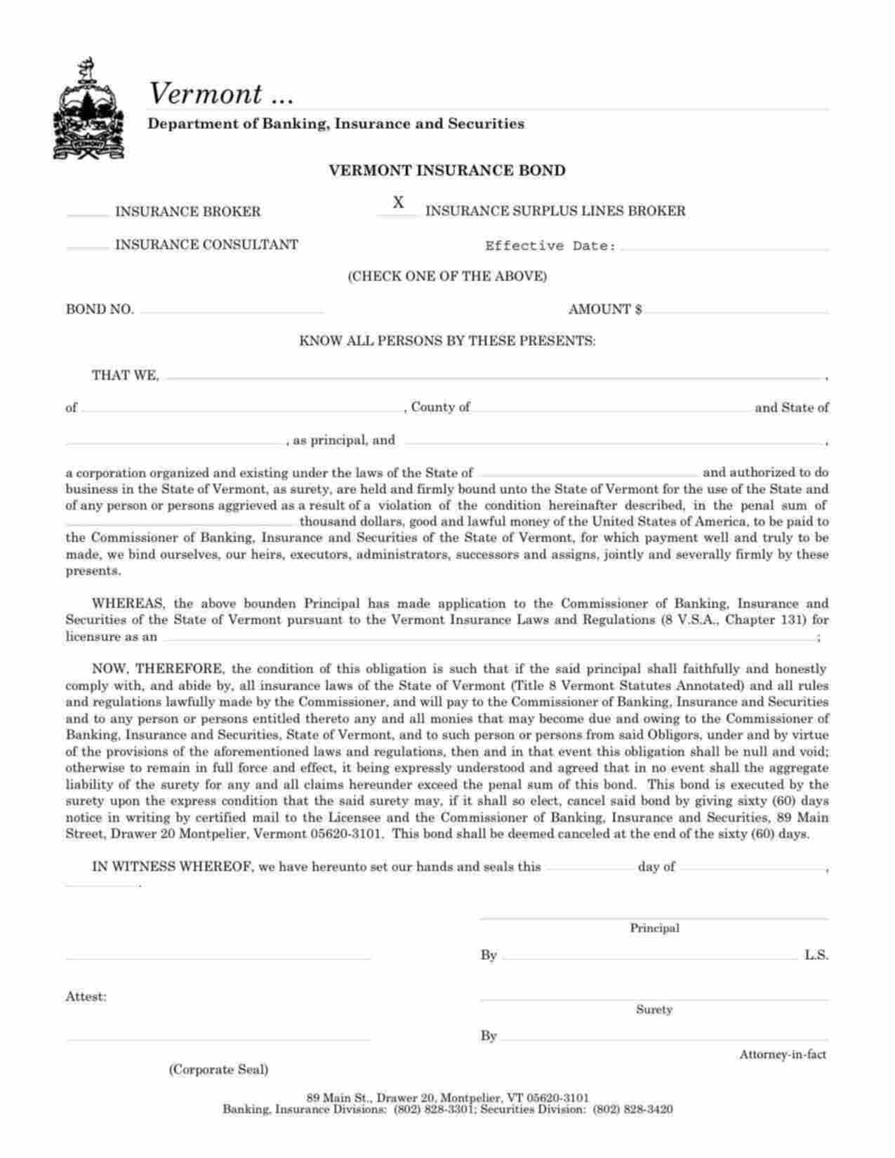 Vermont Insurance Surplus Lines Broker Bond Form