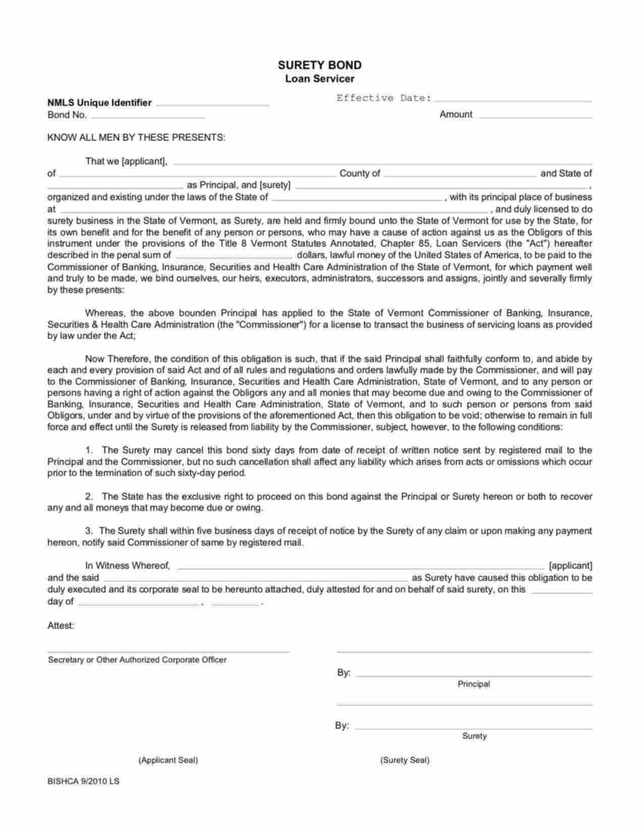 Vermont Loan Servicer License Bond Form