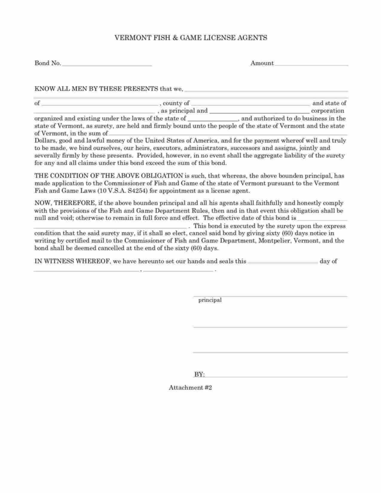 Vermont Fish and Game License Agents Bond Form