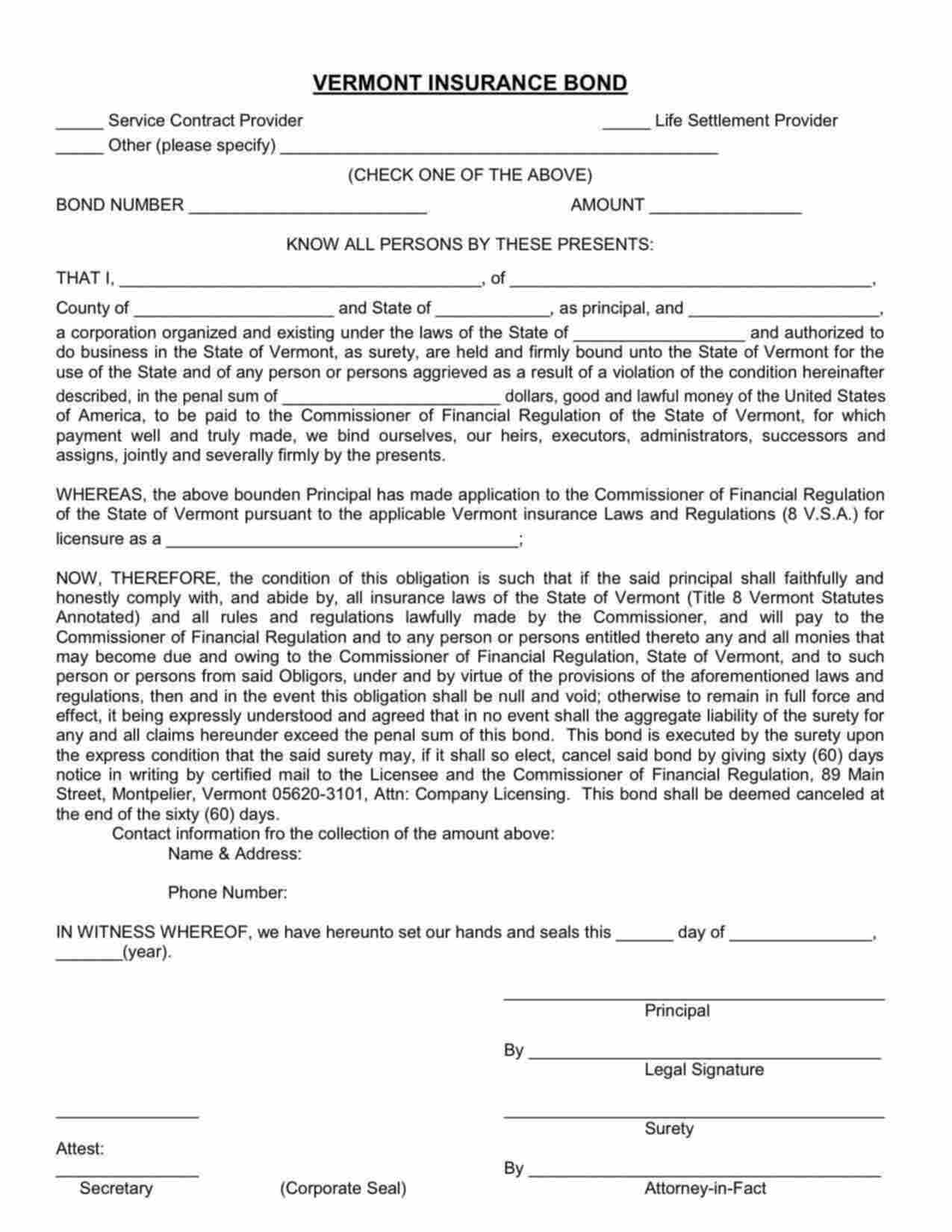 Vermont Life Settlement Provider Bond Form