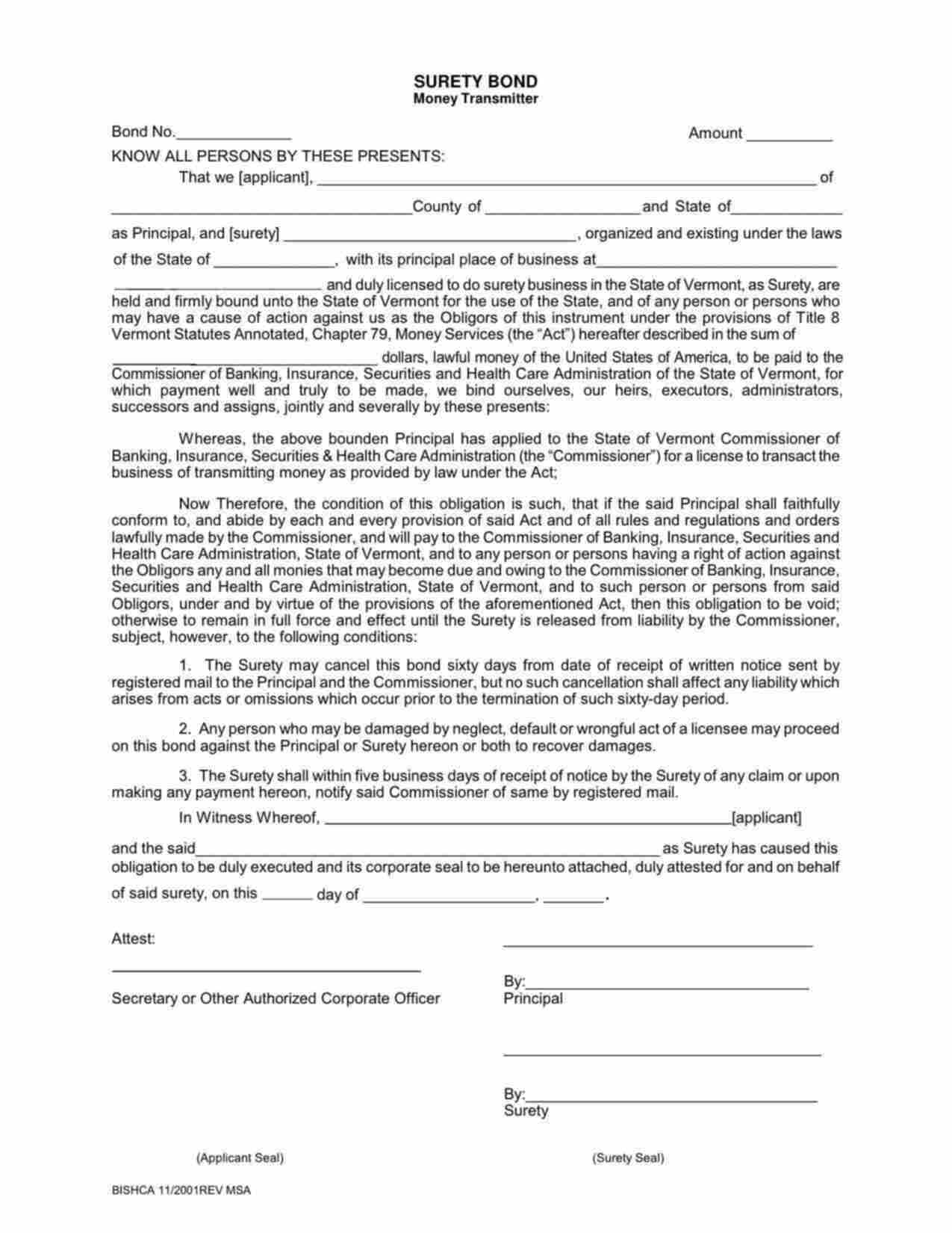 Vermont Money Transmitter License Bond Form