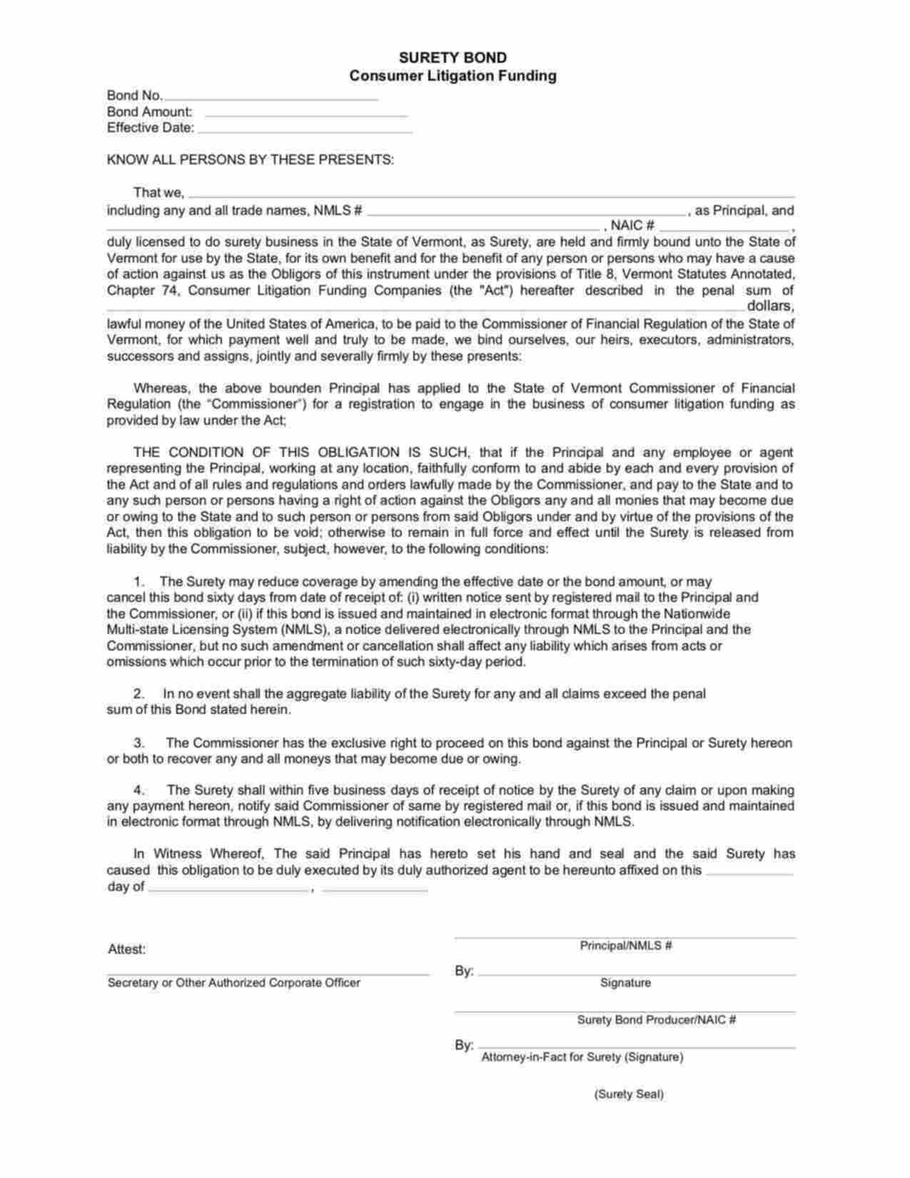 Vermont Litigation Funding Registration Bond Form