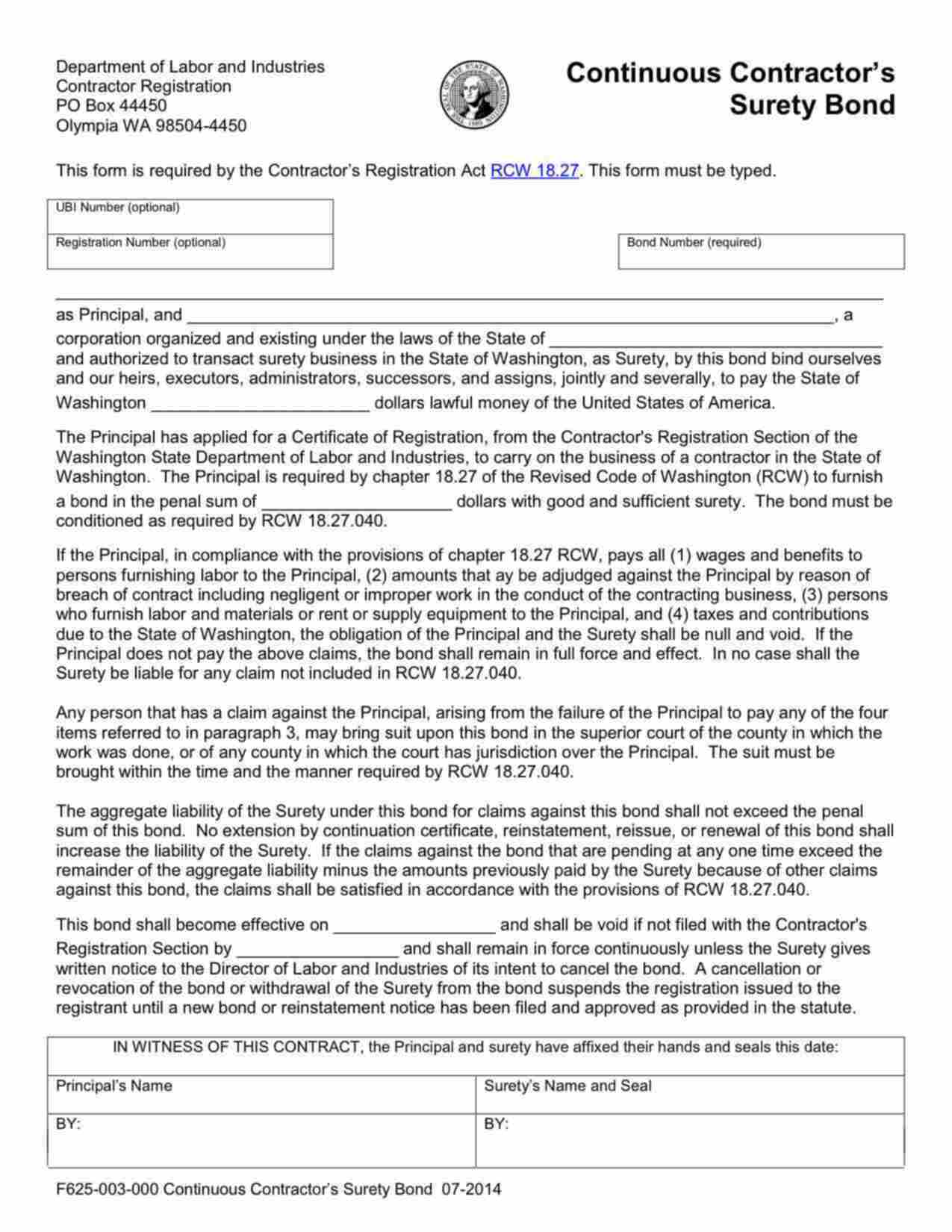 Washington Contractor License: Specialty Bond Form