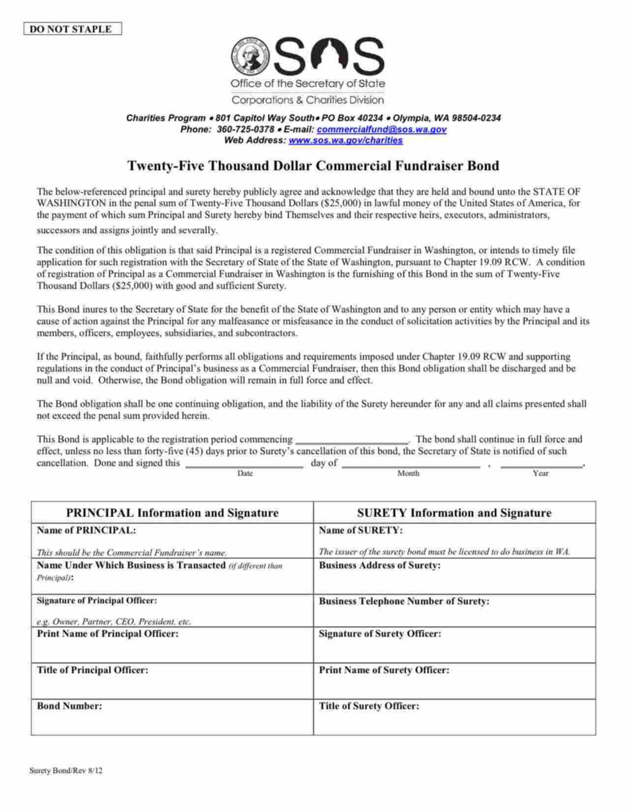 Washington Commercial Fundraiser Bond Form