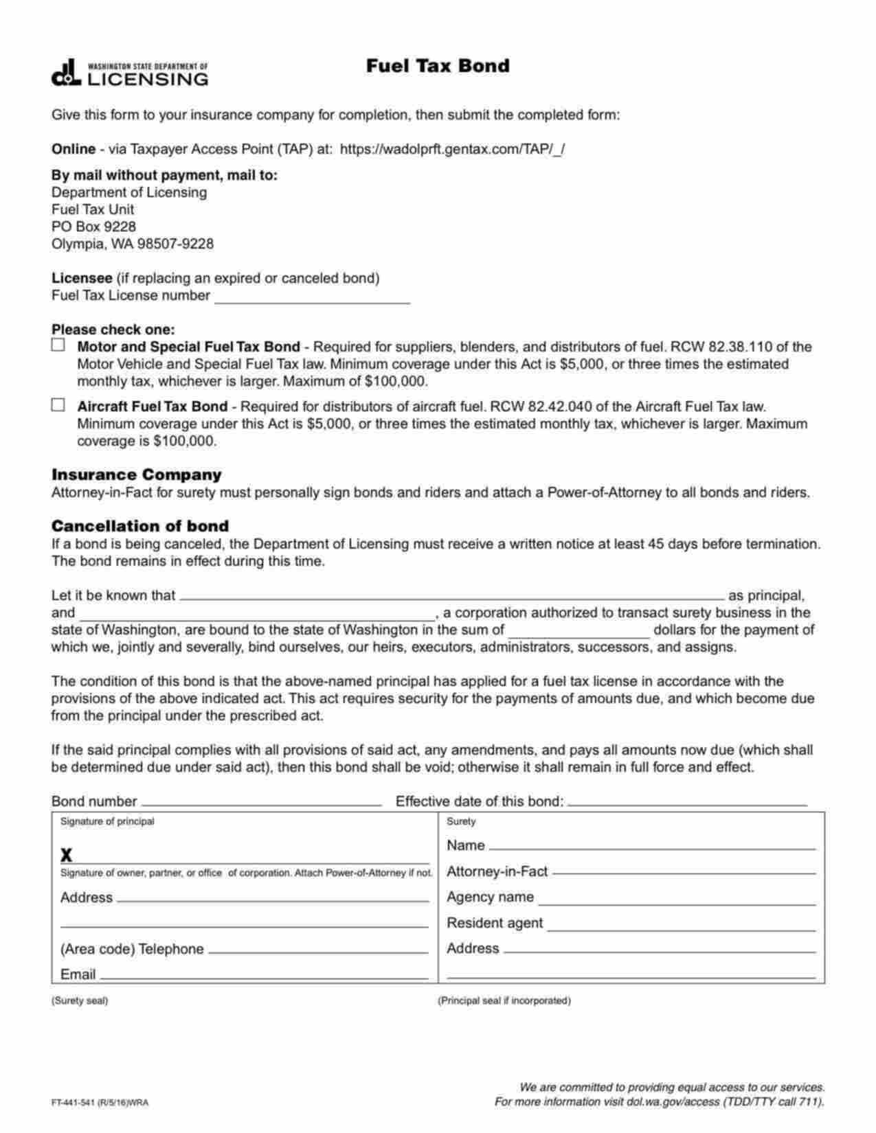 Washington Motor and Special Fuel Tax Bond Form