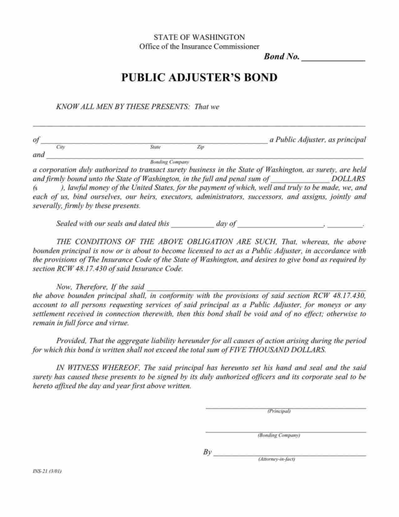 Washington Public Adjuster Bond Form