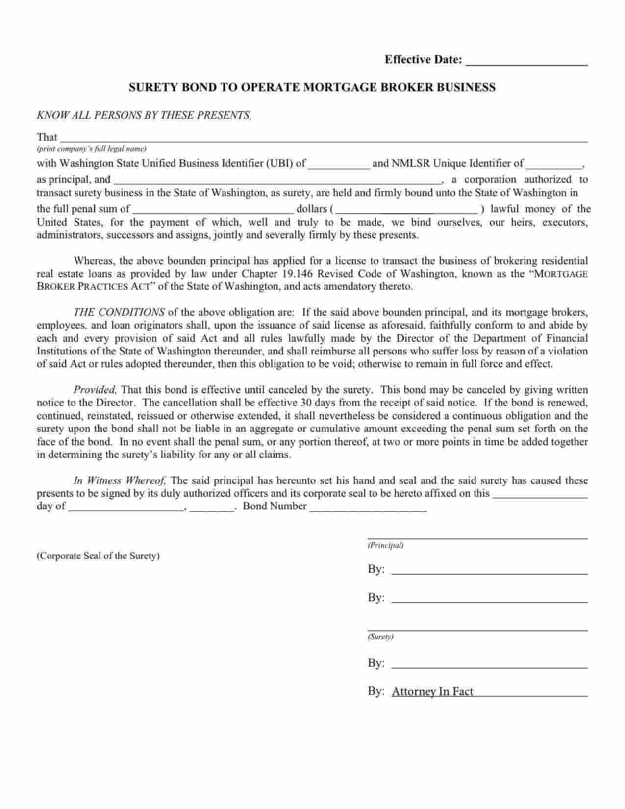 Washington Mortgage Broker License Bond Form