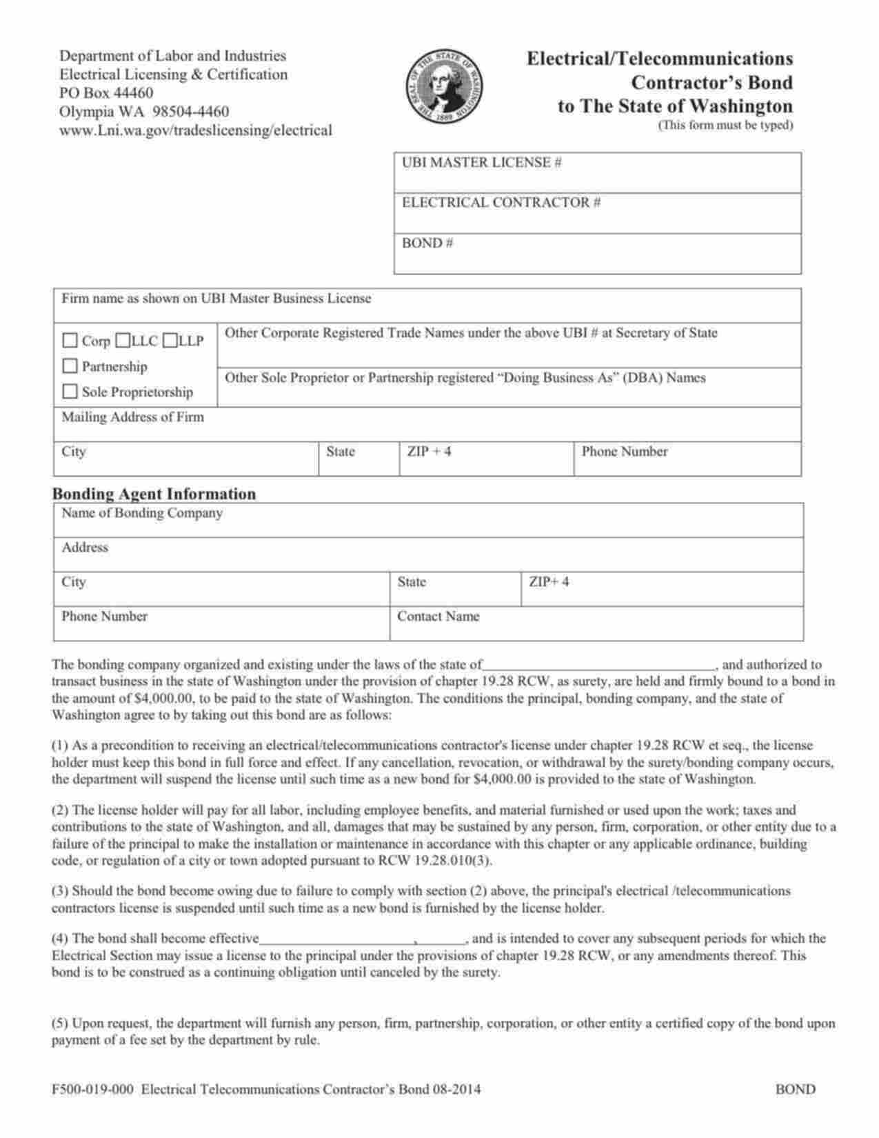 Washington Electrical/Telecommunications Contractor Bond Form