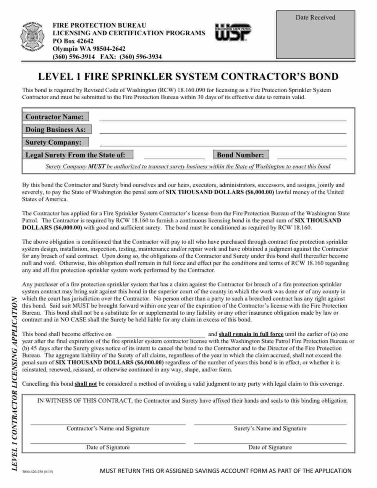 Washington Level 1 Fire Sprinkler System Contractor Bond Form