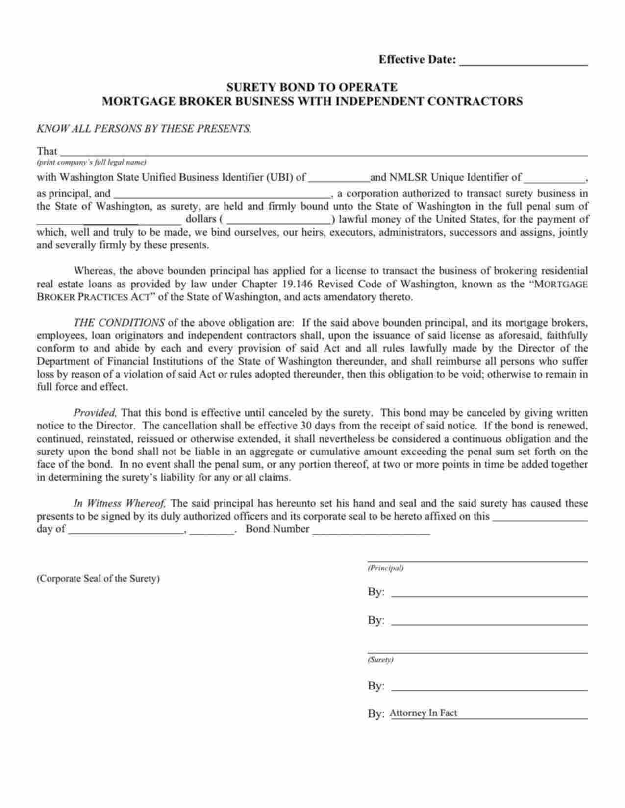 Washington Mortgage Broker Business with Independent Contractors Bond Form