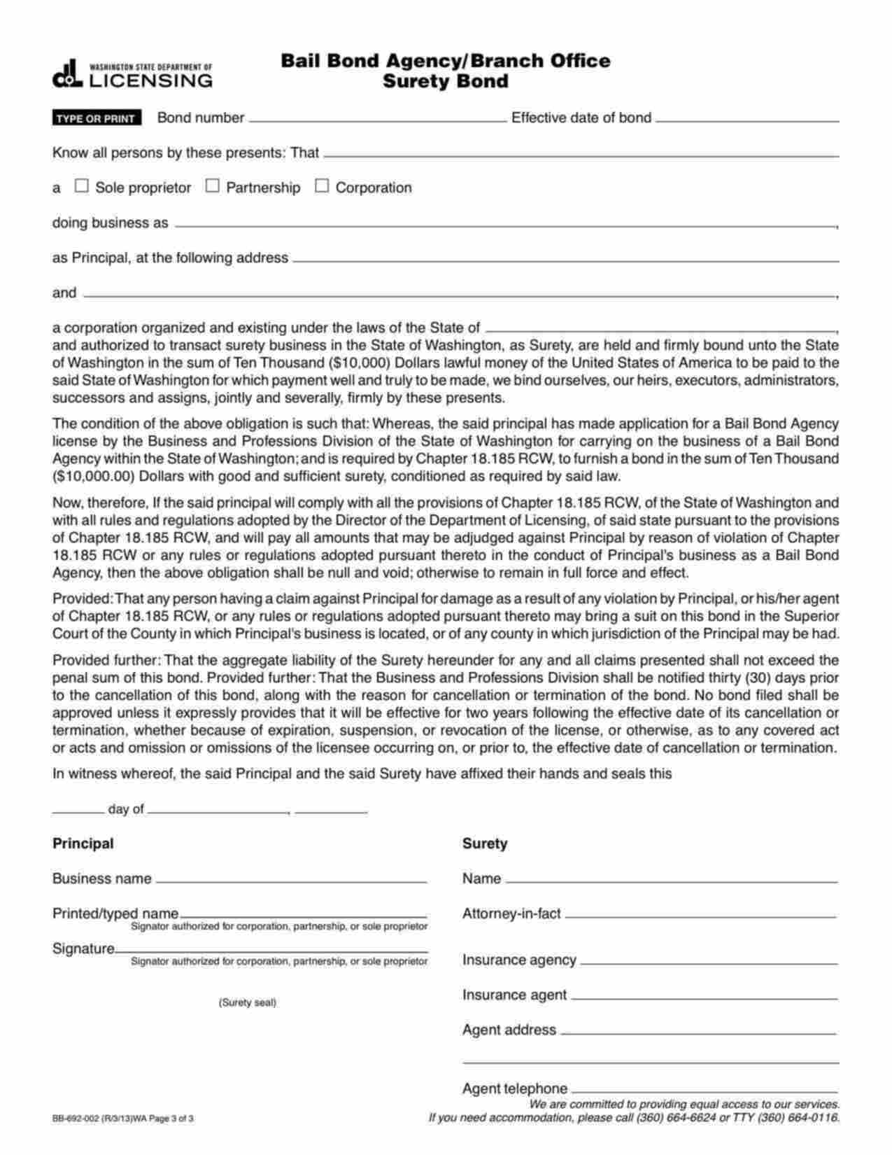 Washington Bail Bond Agency (Sole Proprietor) Bond Form