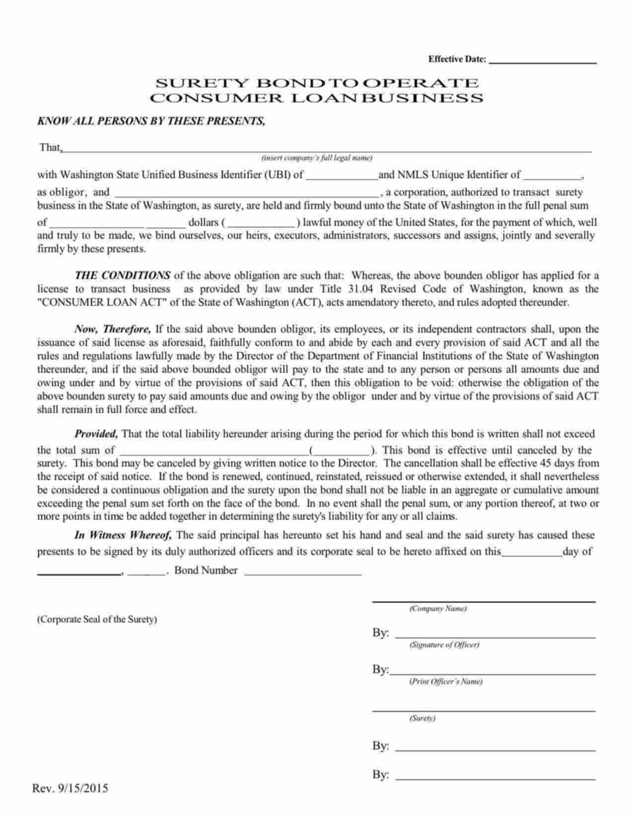 Washington Consumer Loan Company License Bond Form