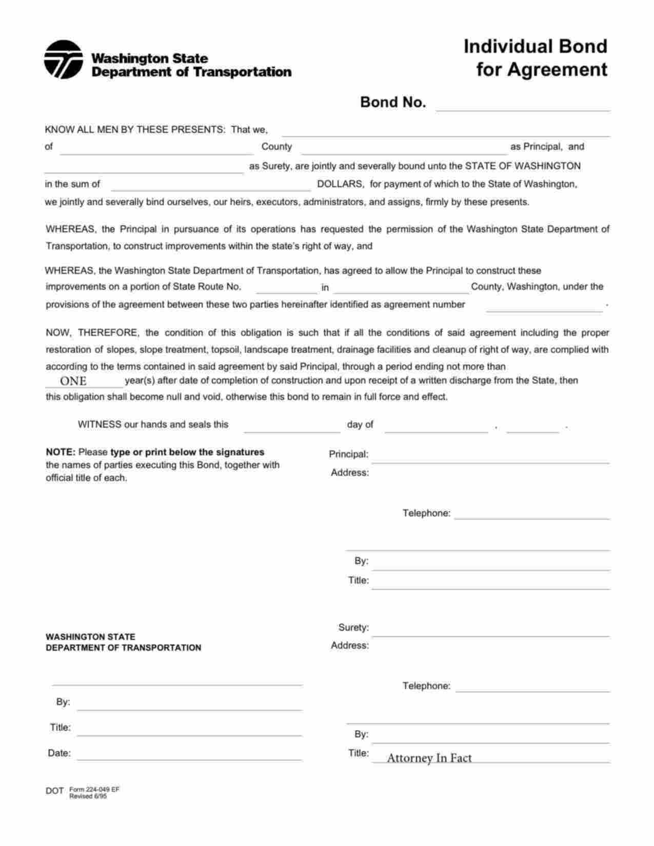 Washington Right of Way Individual Agreement Bond Form