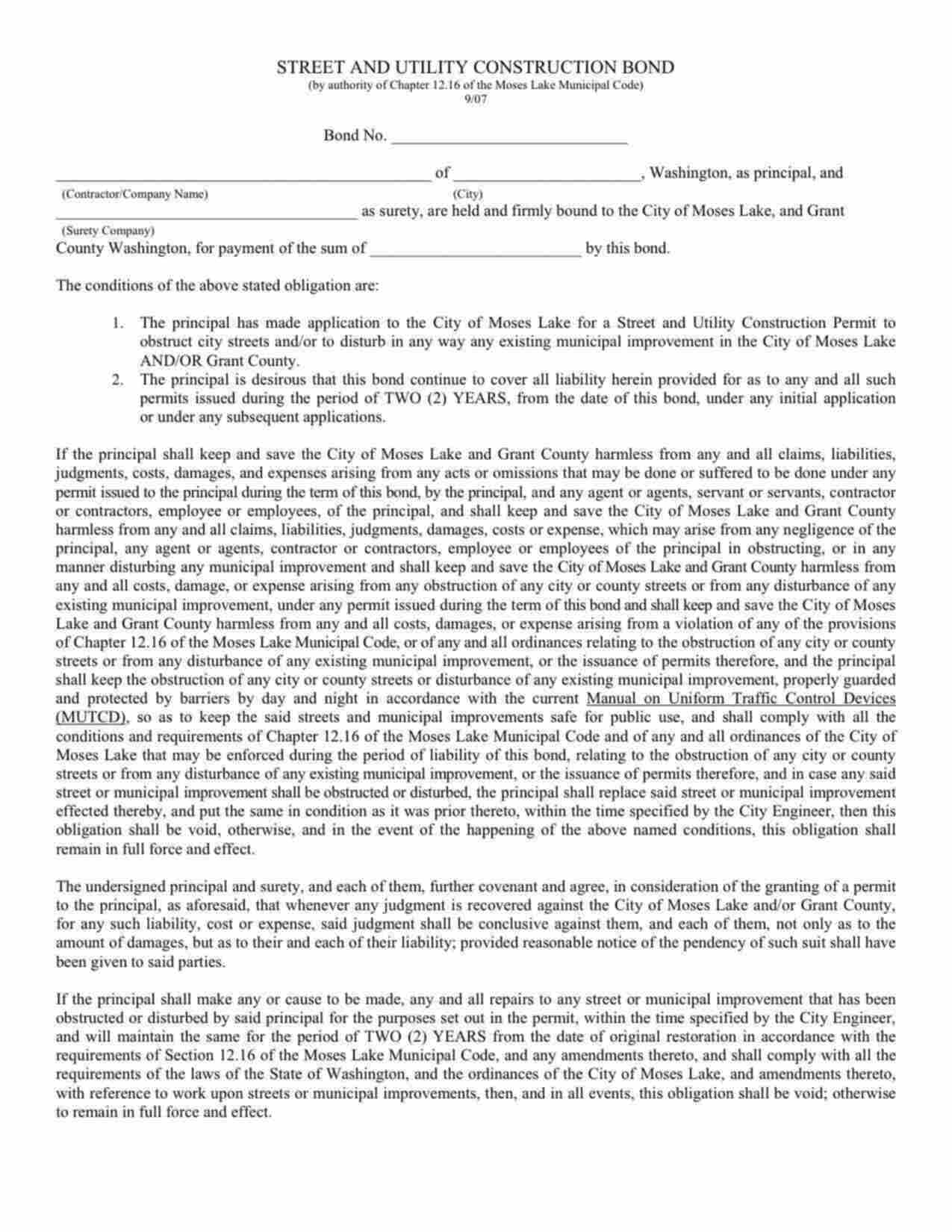 Washington Street and Utility Construction Bond Form