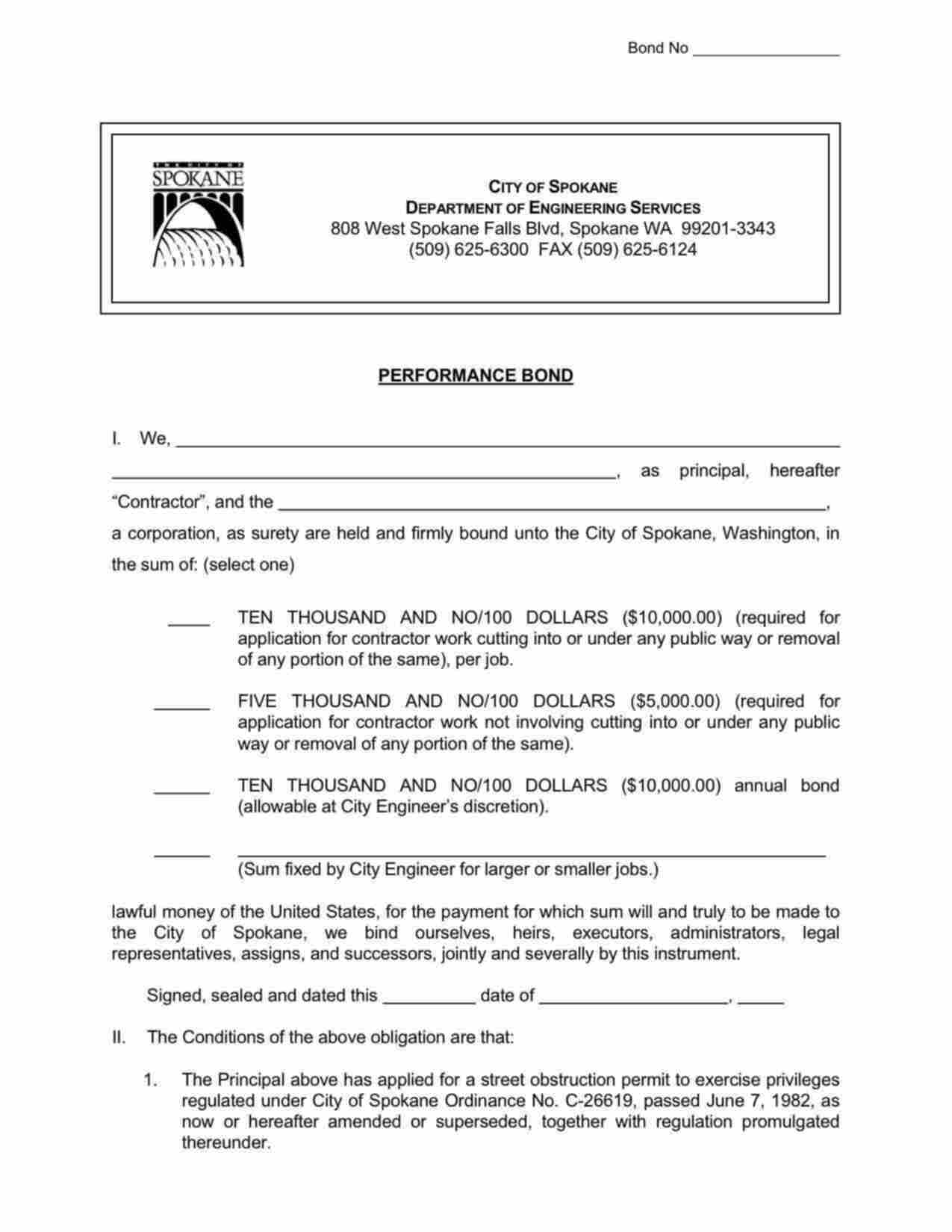 Washington Right of Way - Street Cutting Bond Form