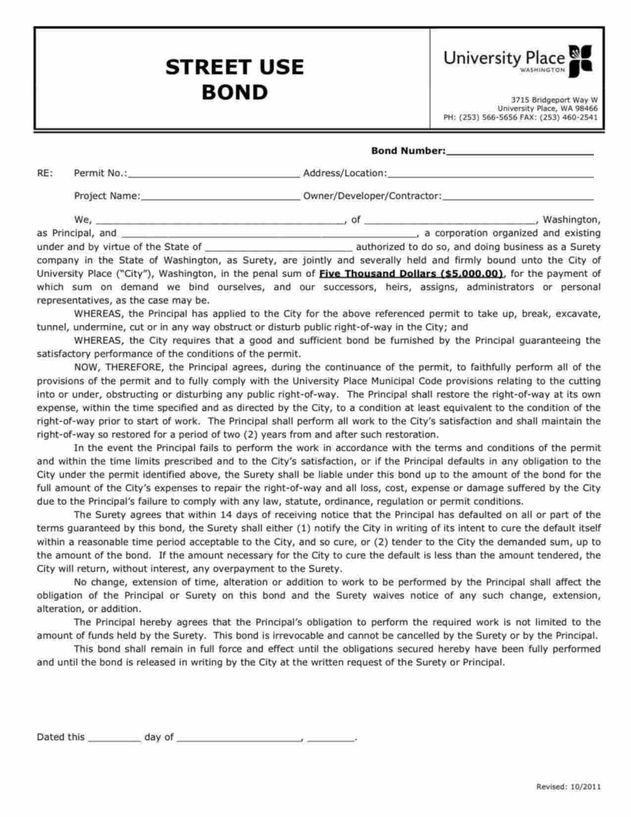 Washington Street Use Bond Form