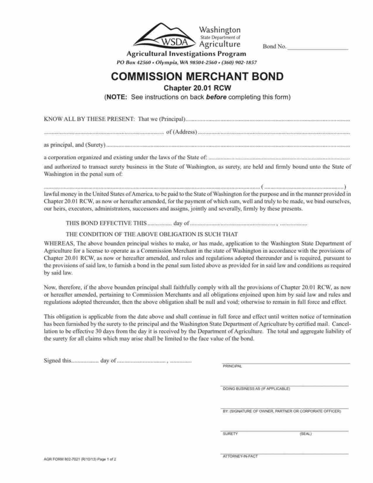 Washington Commission Merchant Bond Form