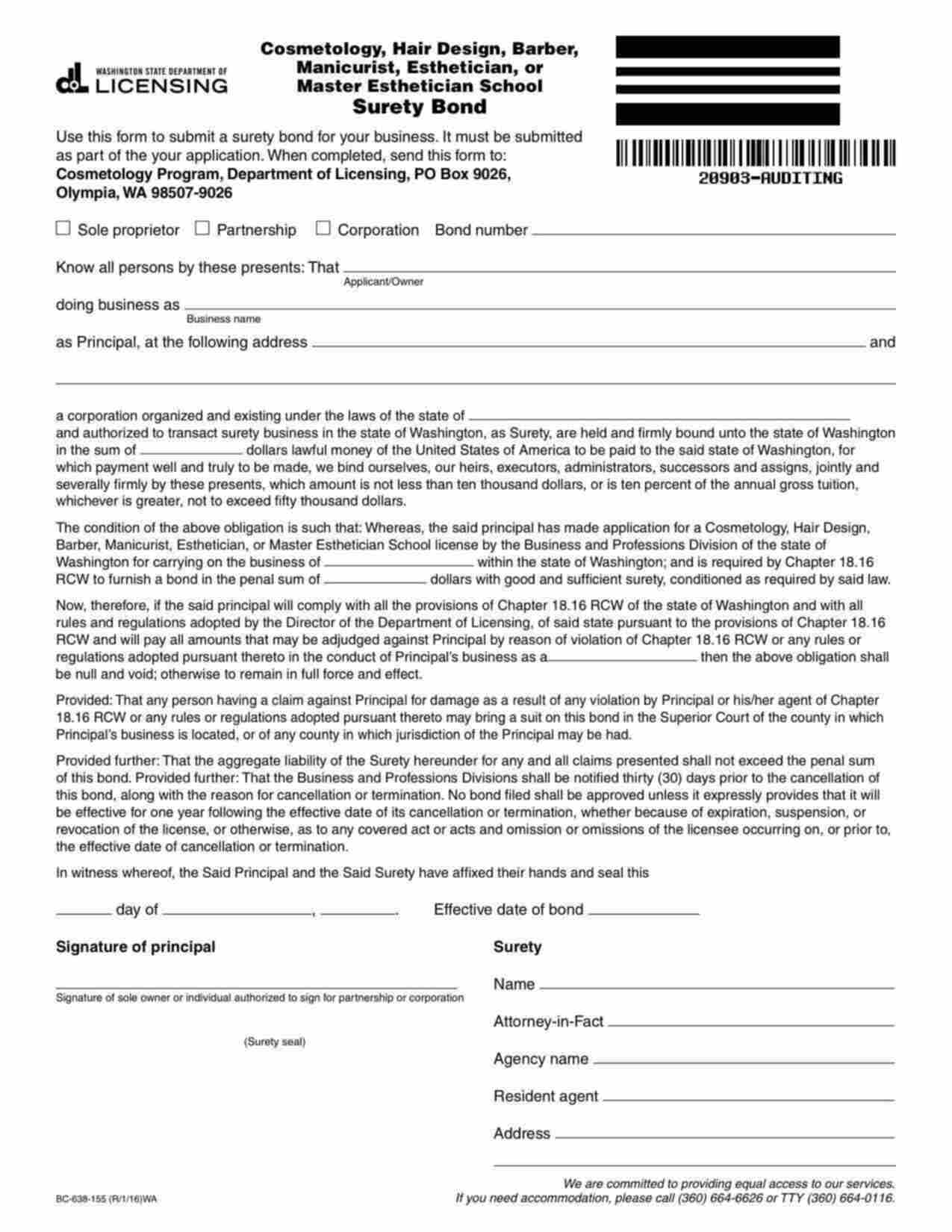 Washington Esthetician School Bond Form