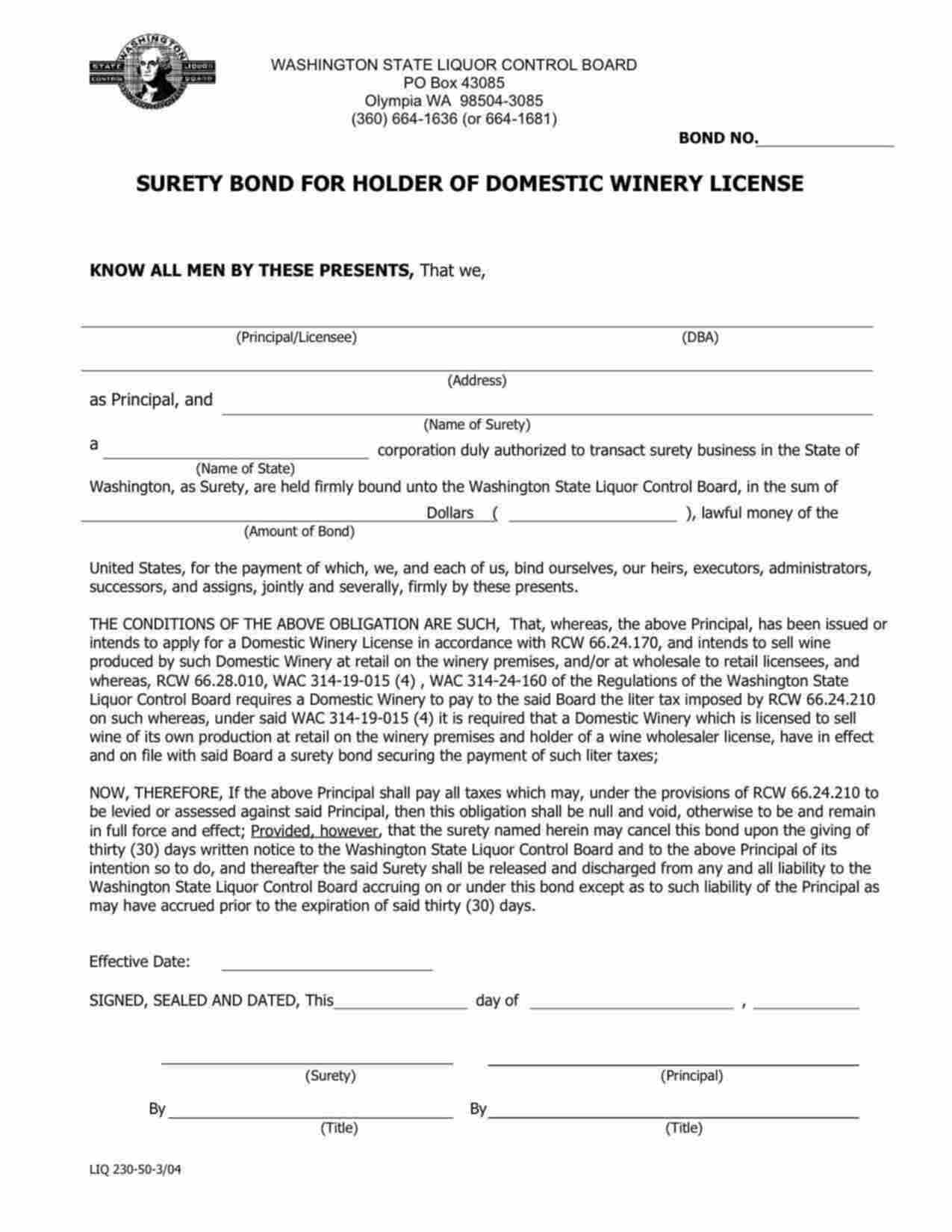 Washington Domestic Winery License Bond Form