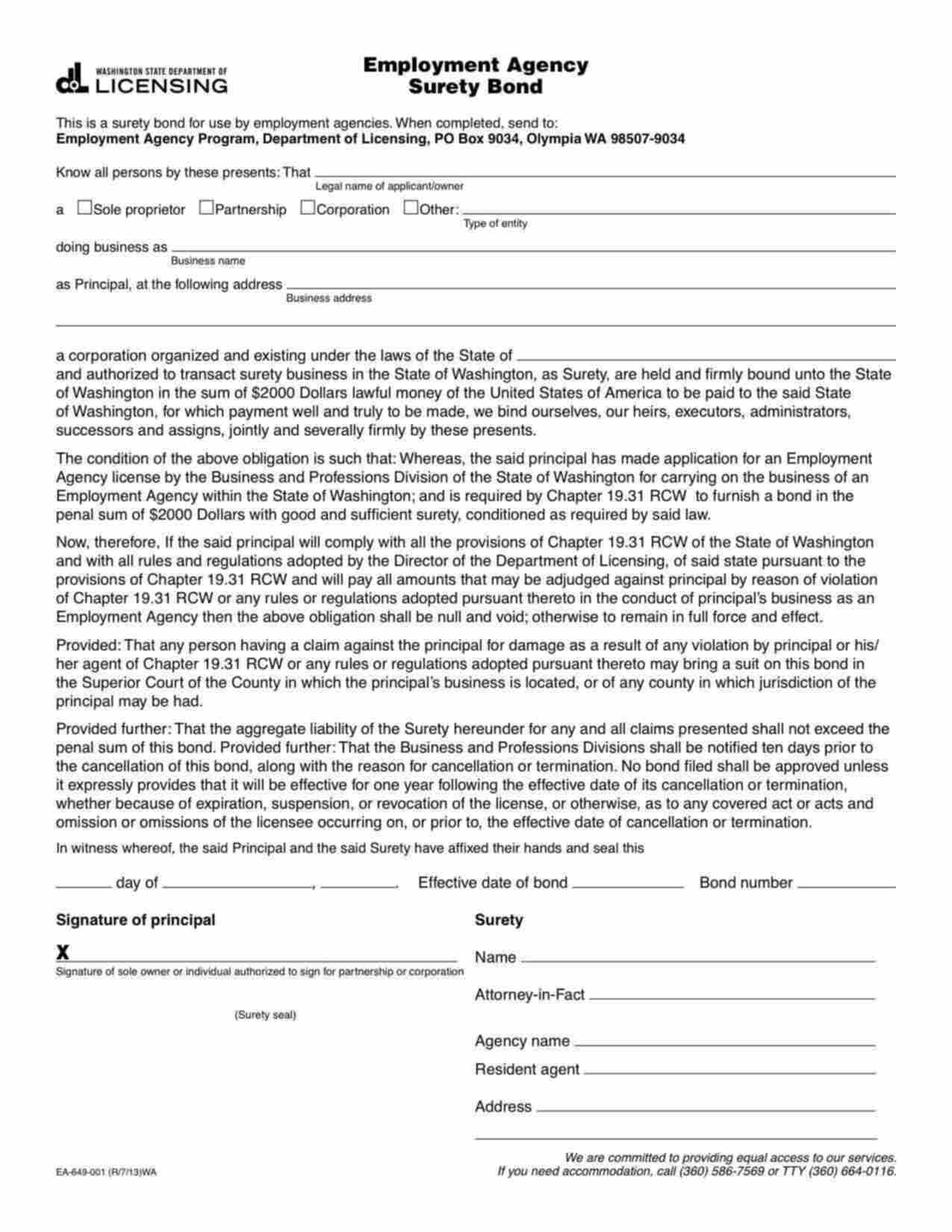 Washington Employment Agency Bond Form