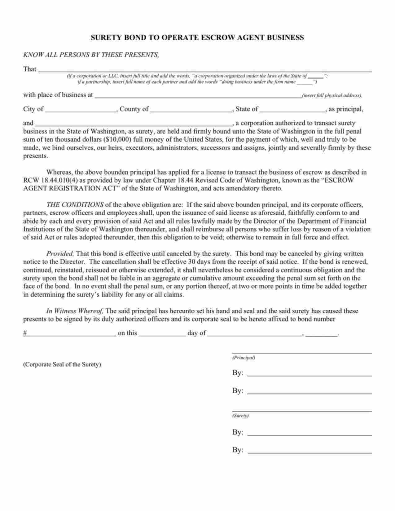 Washington Escrow Agent Business Bond Form