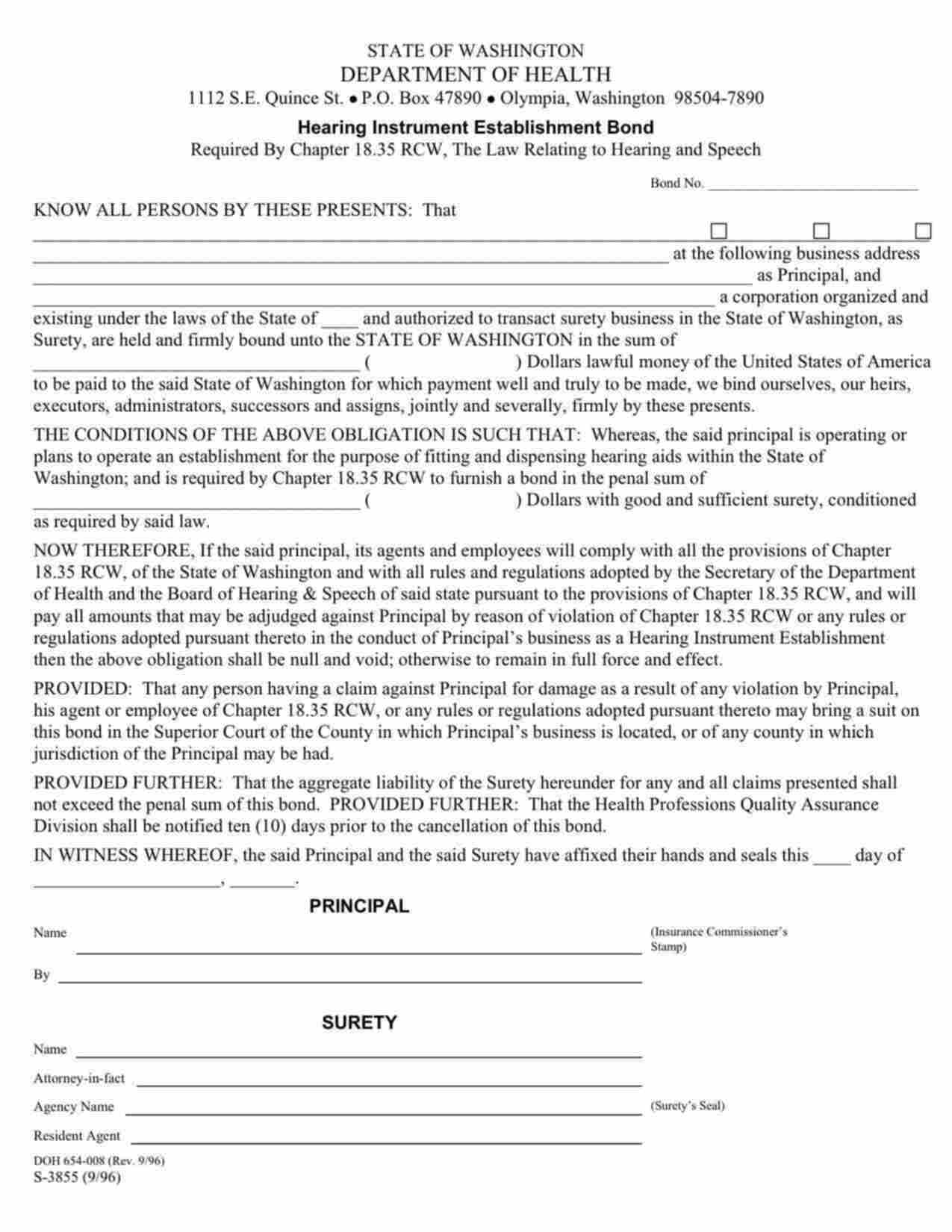 Washington Hearing Instrument Establishment Bond Form