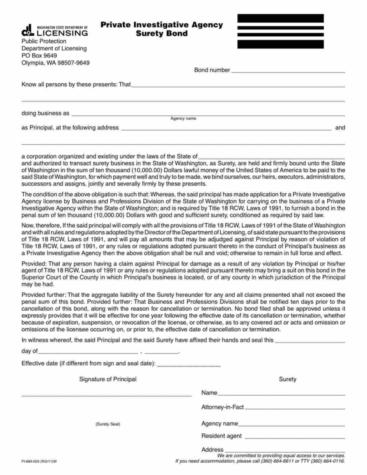 Washington Private Investigative Agency Bond Form