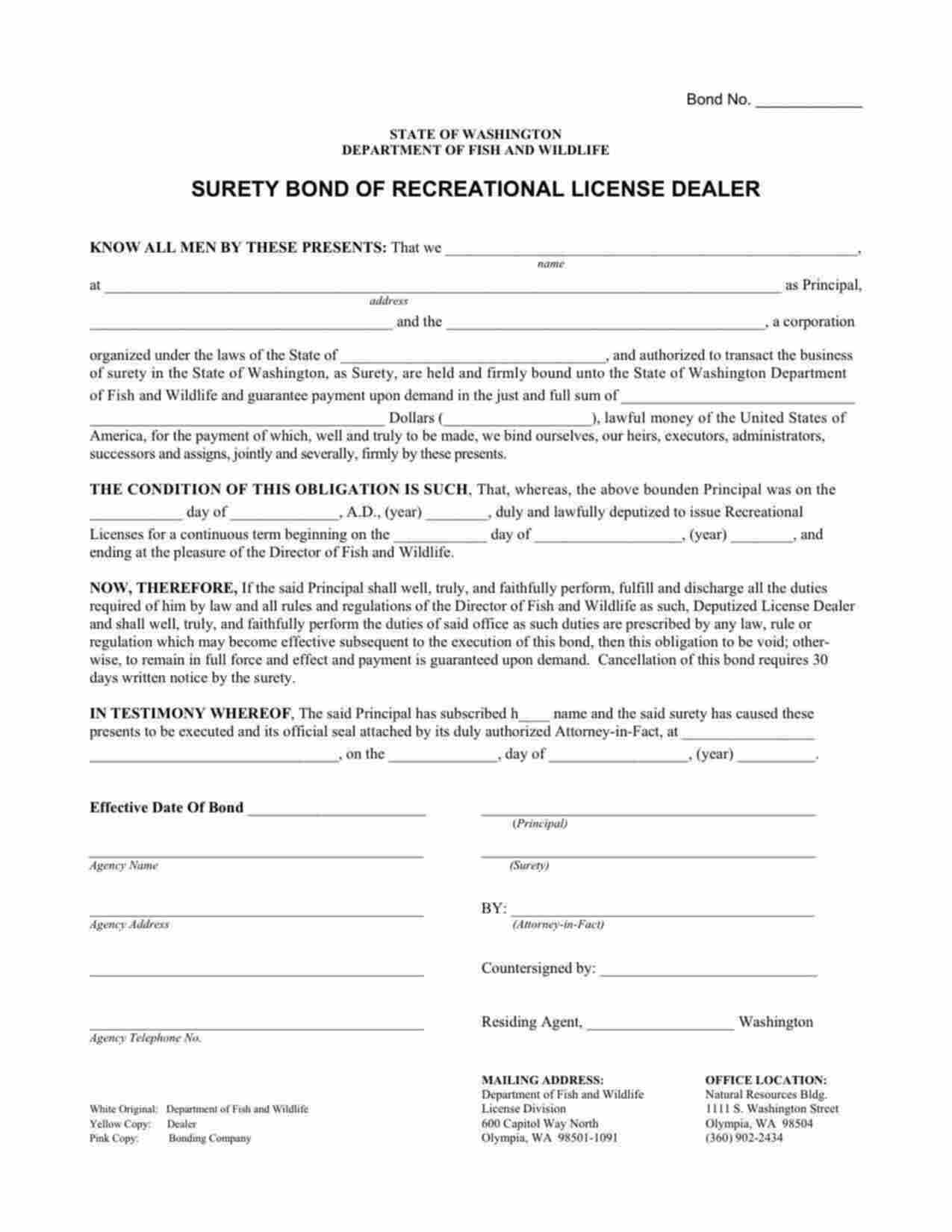 Washington Recreational License Dealer Bond Form