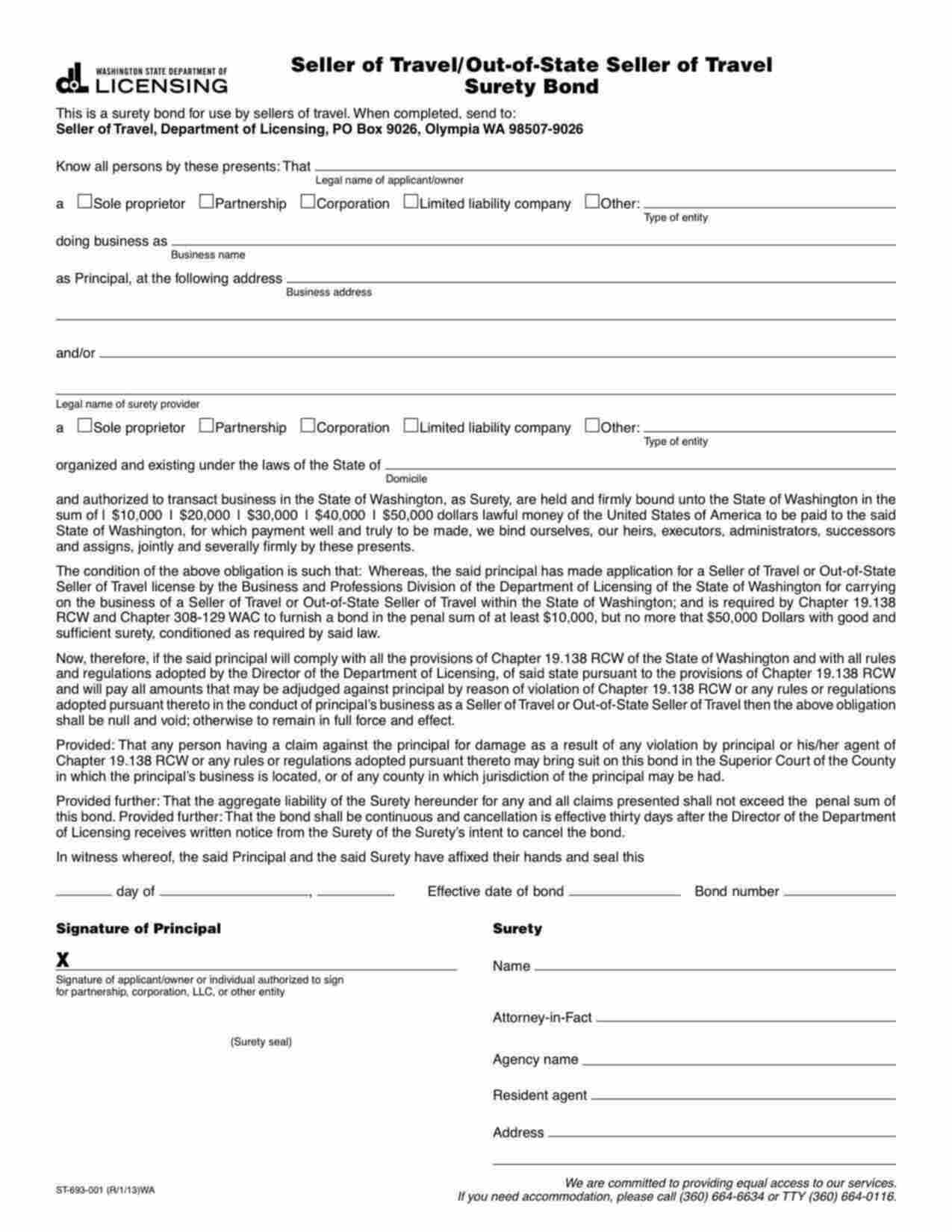 Washington Seller of Travel Bond Form