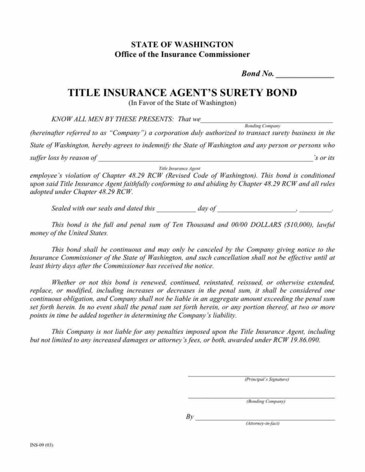 Washington Title Insurance Agent Bond Form