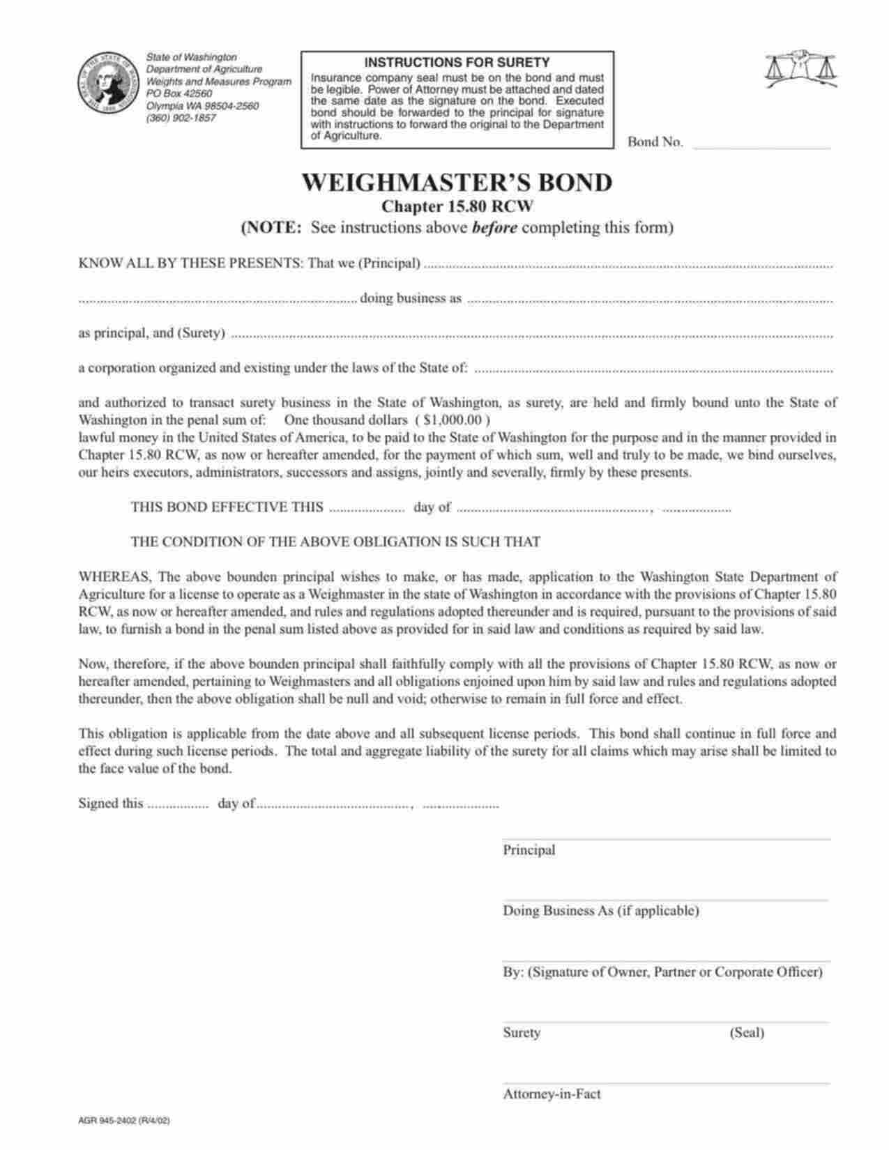 Washington Weighmaster Bond Form