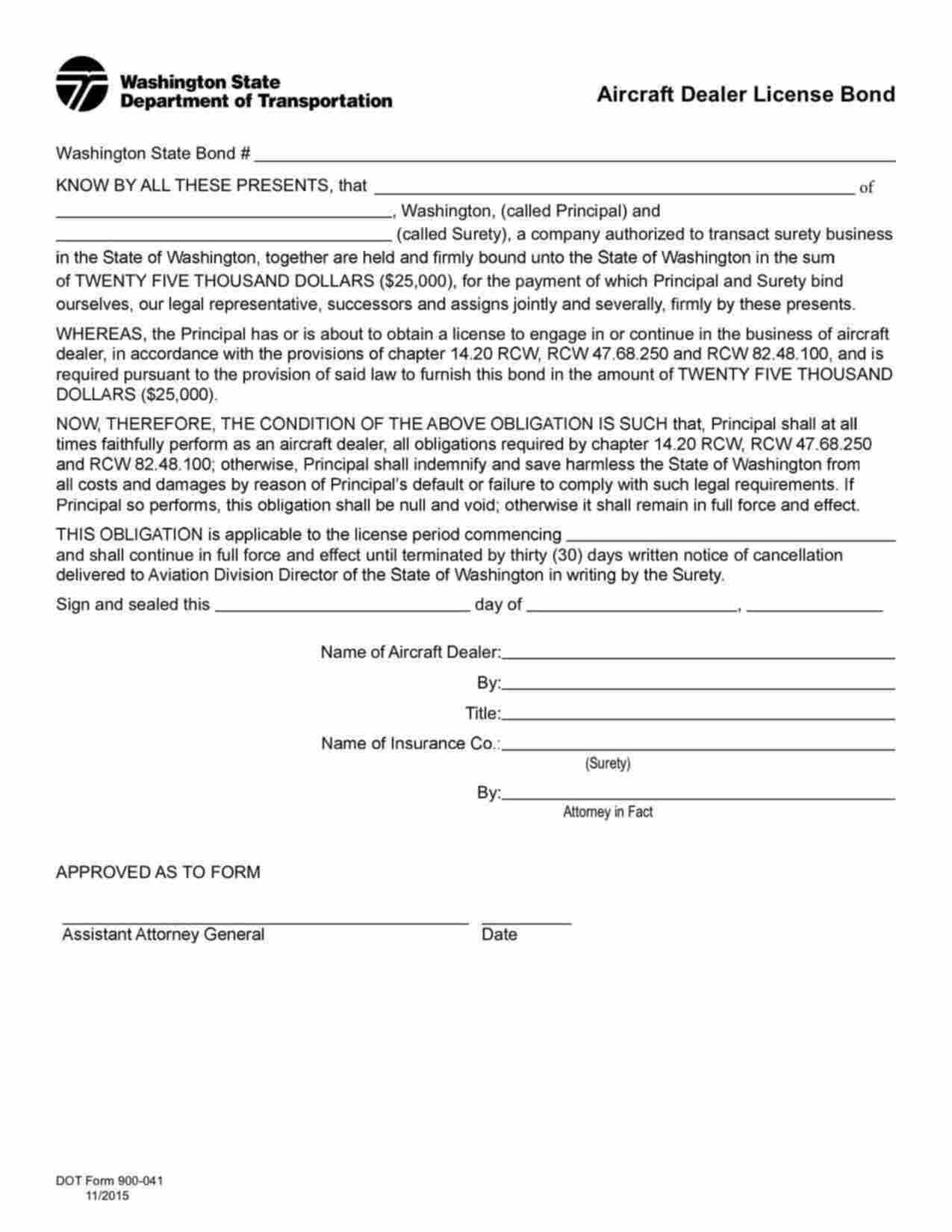 Washington Aircraft Dealer Bond Form