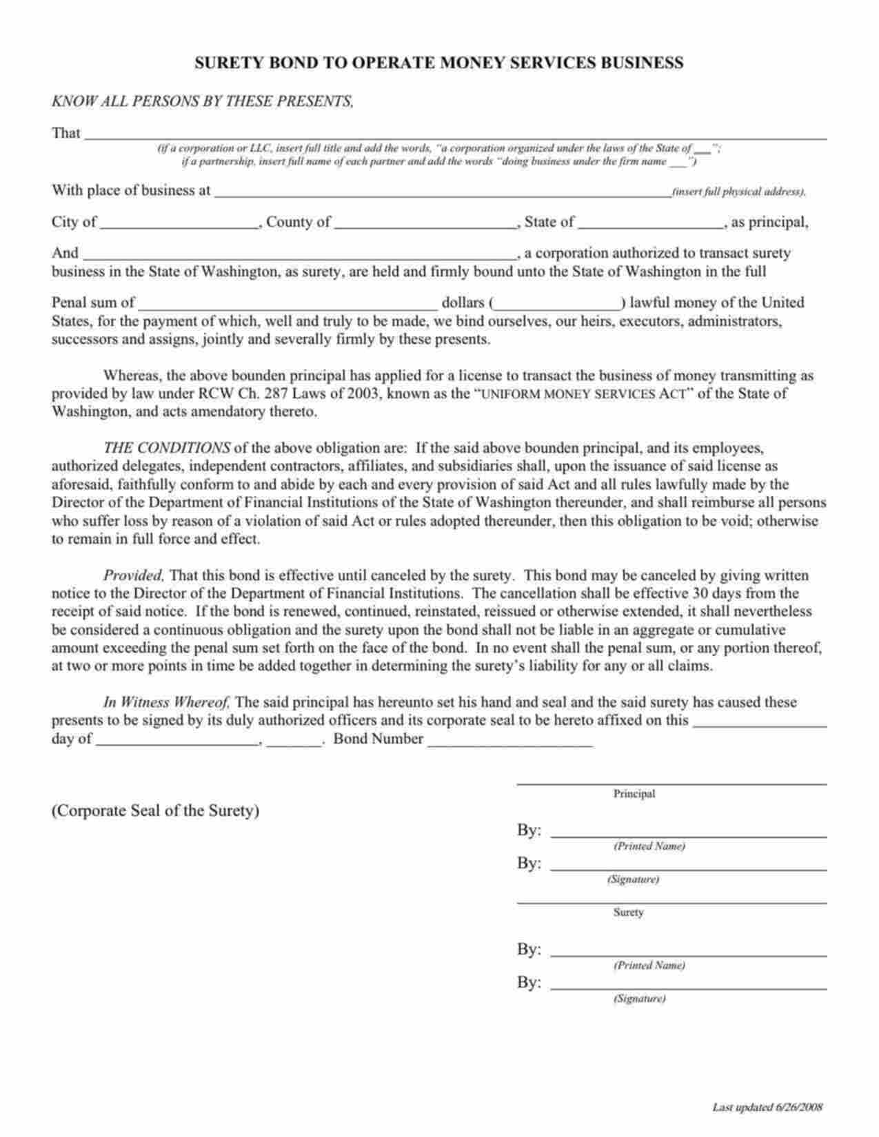 Washington Money Transmitter License Bond Form