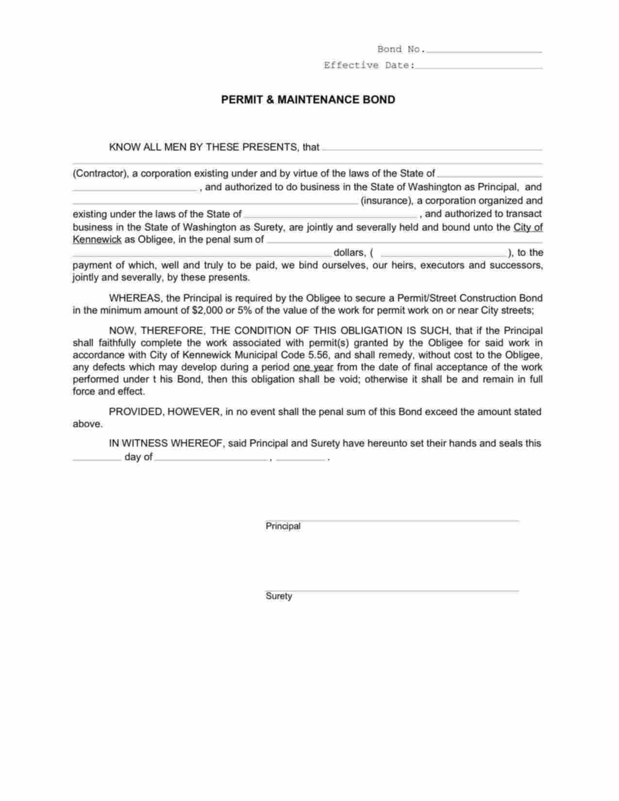 Washington Permit and Maintenance Bond Form