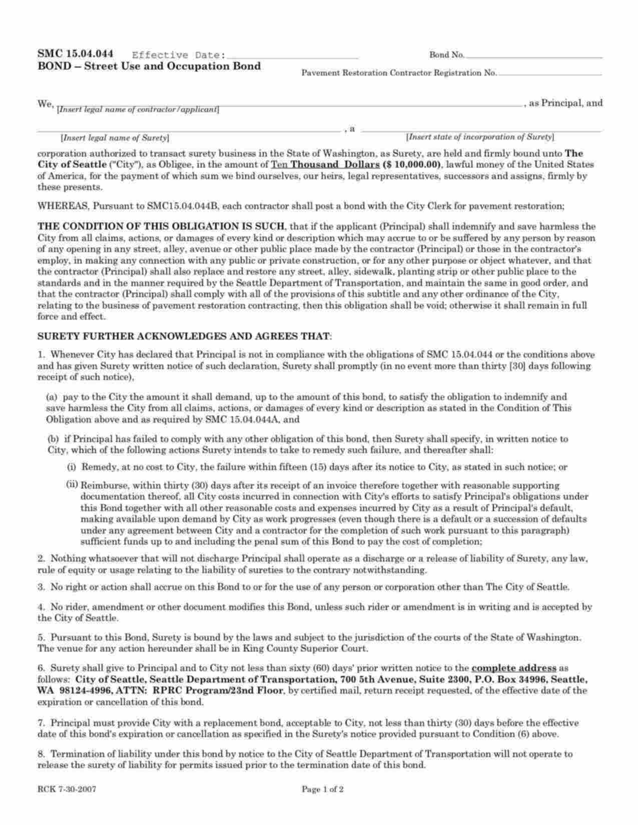 Washington Street Use and Occupation Bond Form