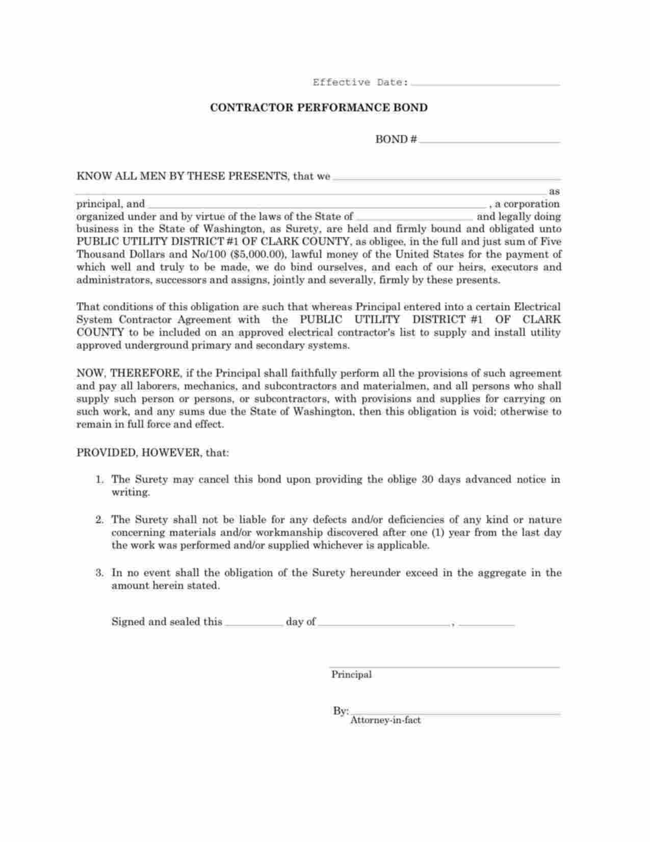 Washington Electrical Contractor Performance Bond Form