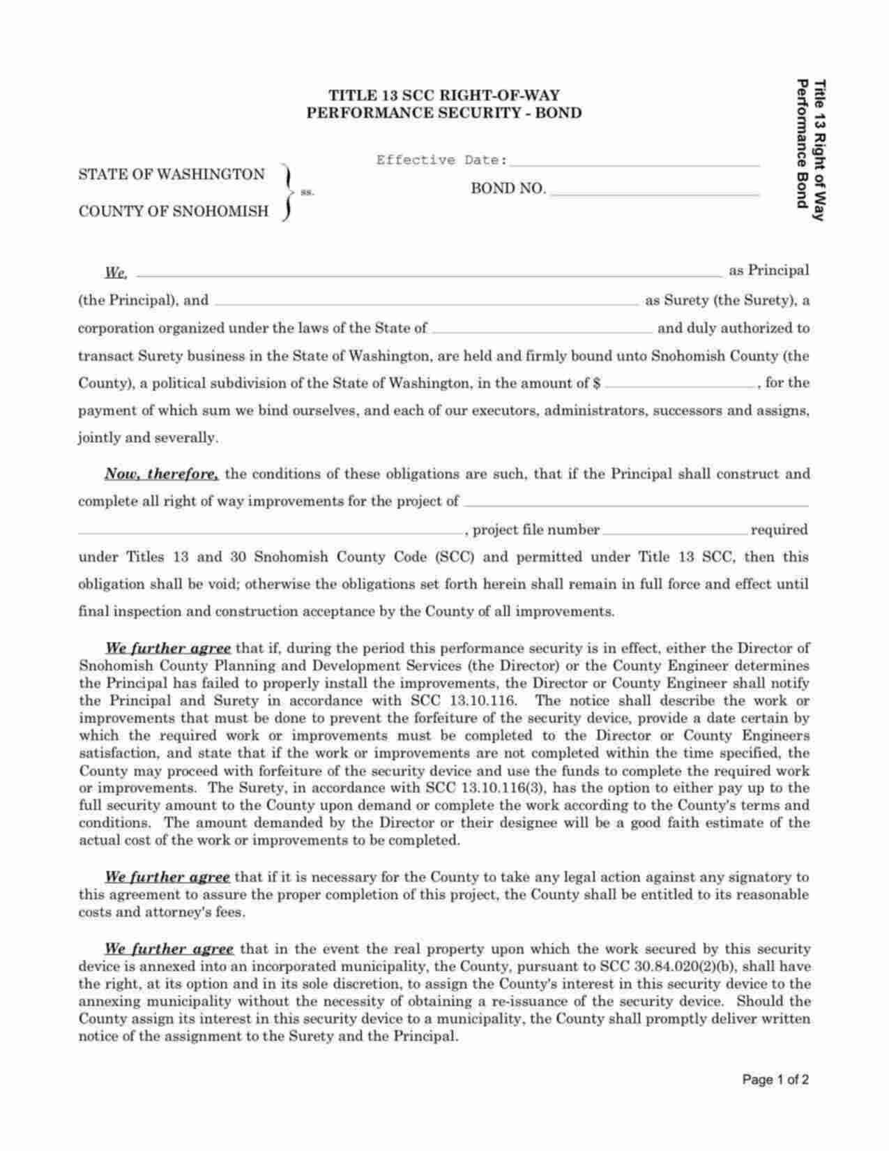 Washington Right-of-Way Utility Performance Bond Form