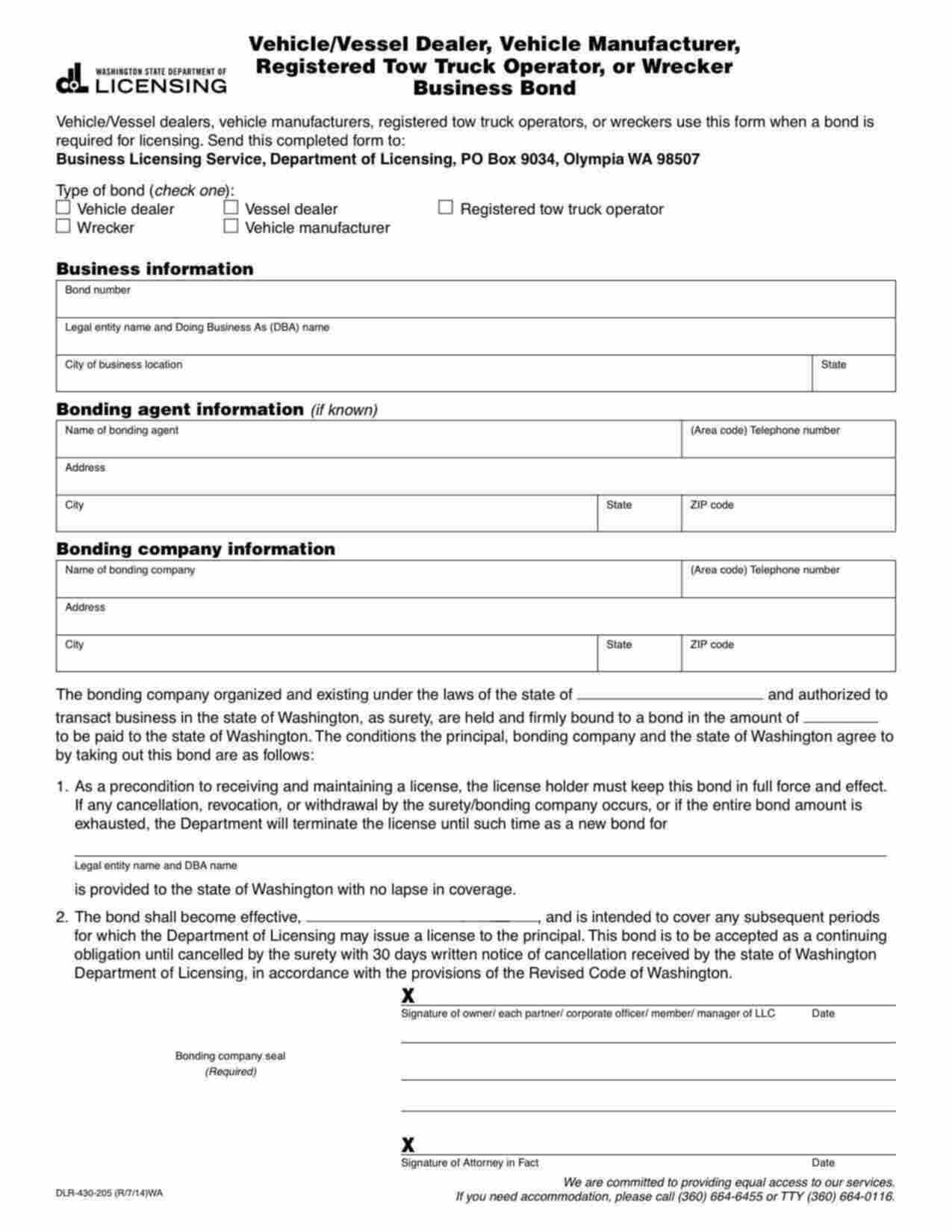 Washington Registered Tow Truck Operator Bond Form