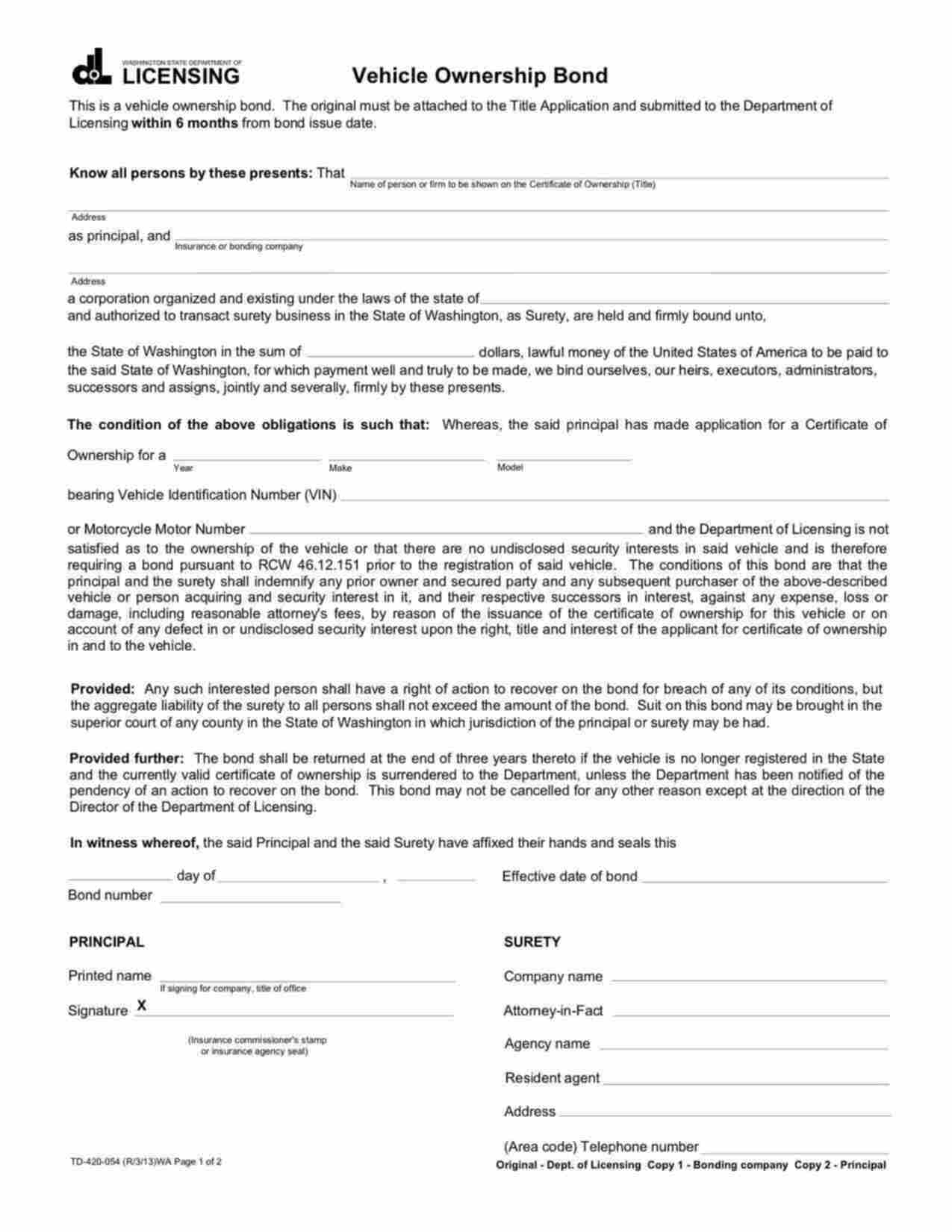 Washington Motor Vehicle Ownership Bond Form