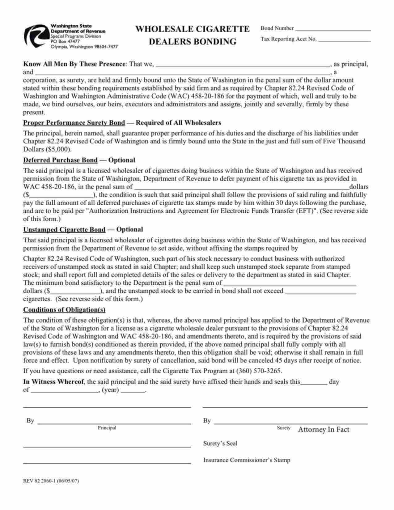 Washington Wholesale Cigarette Dealer - Deferred Purchase Bond Form