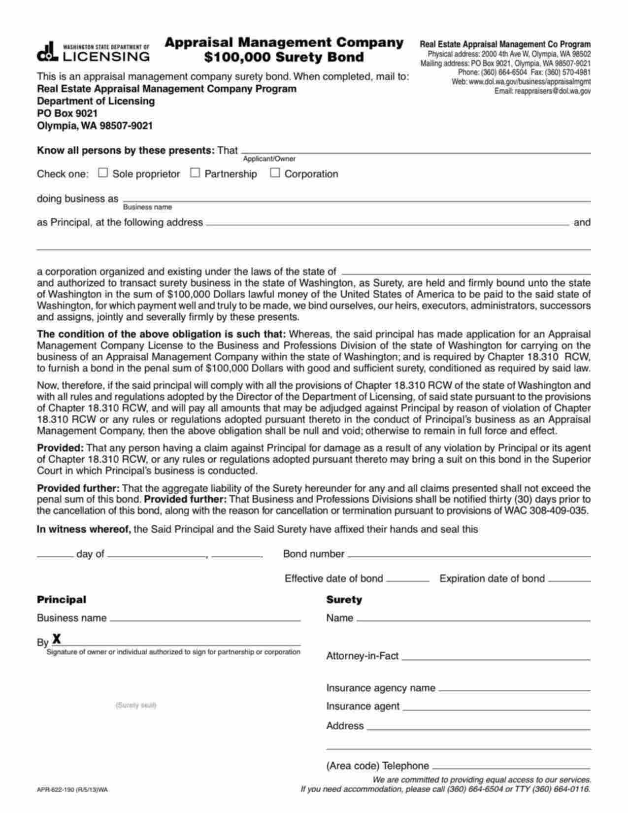 Washington Appraisal Management Company (Corporation) Bond Form