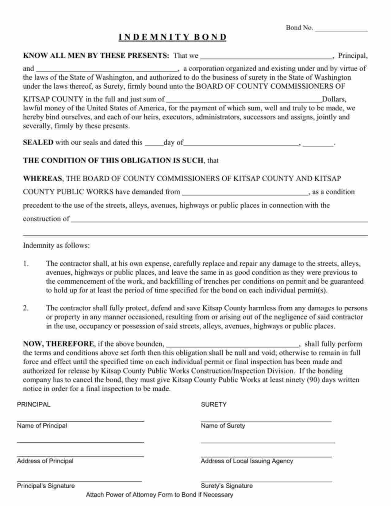 Washington Use of Street Indemnity Bond Form