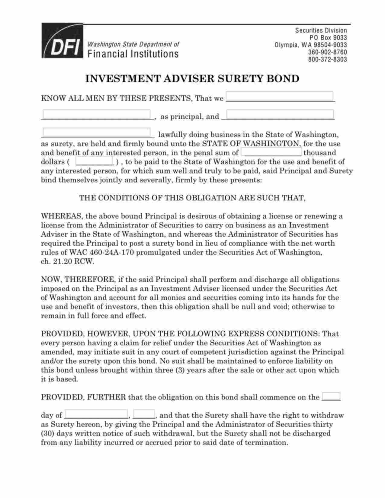 Washington Investment Adviser Bond Form