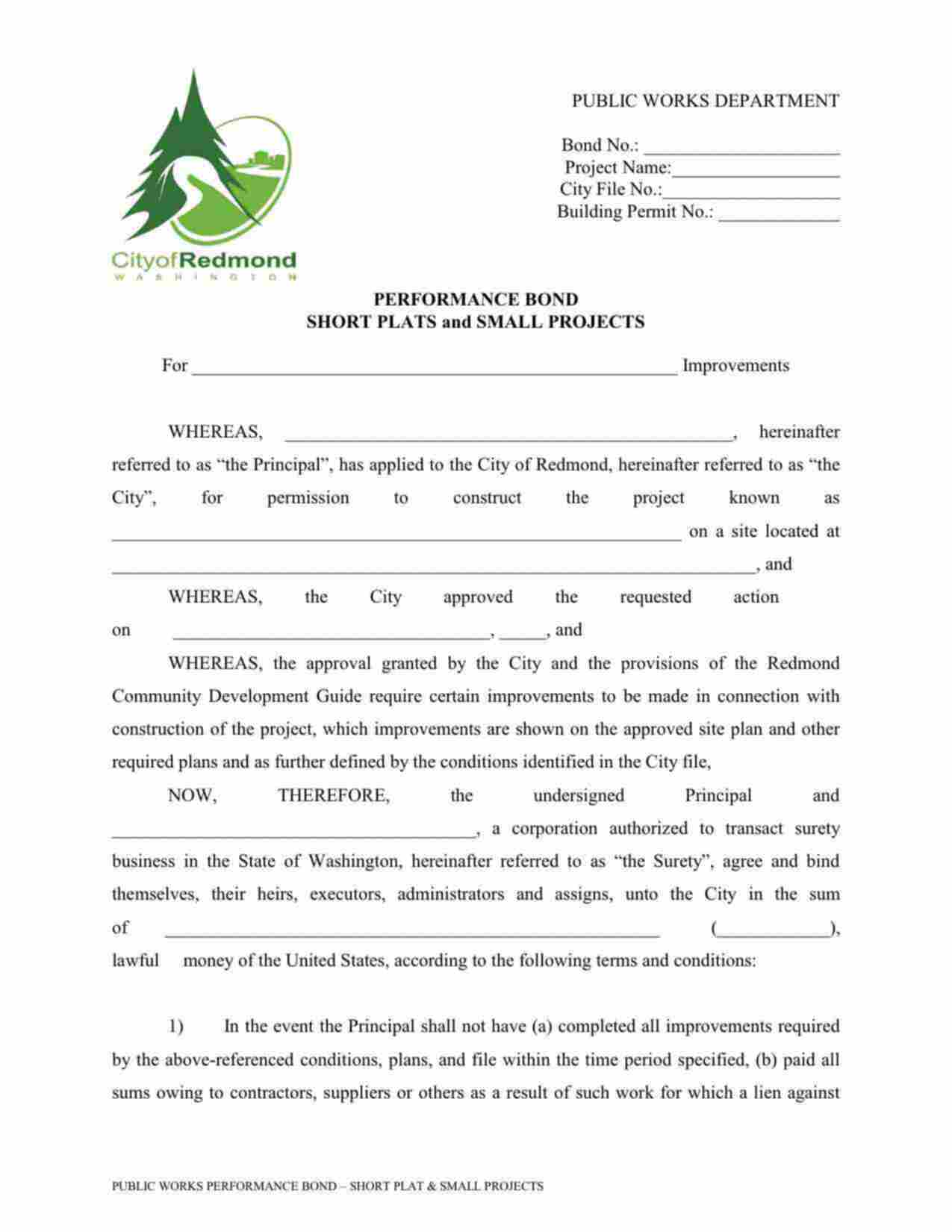 Washington Short Plats and Small Projects Performance Bond Form