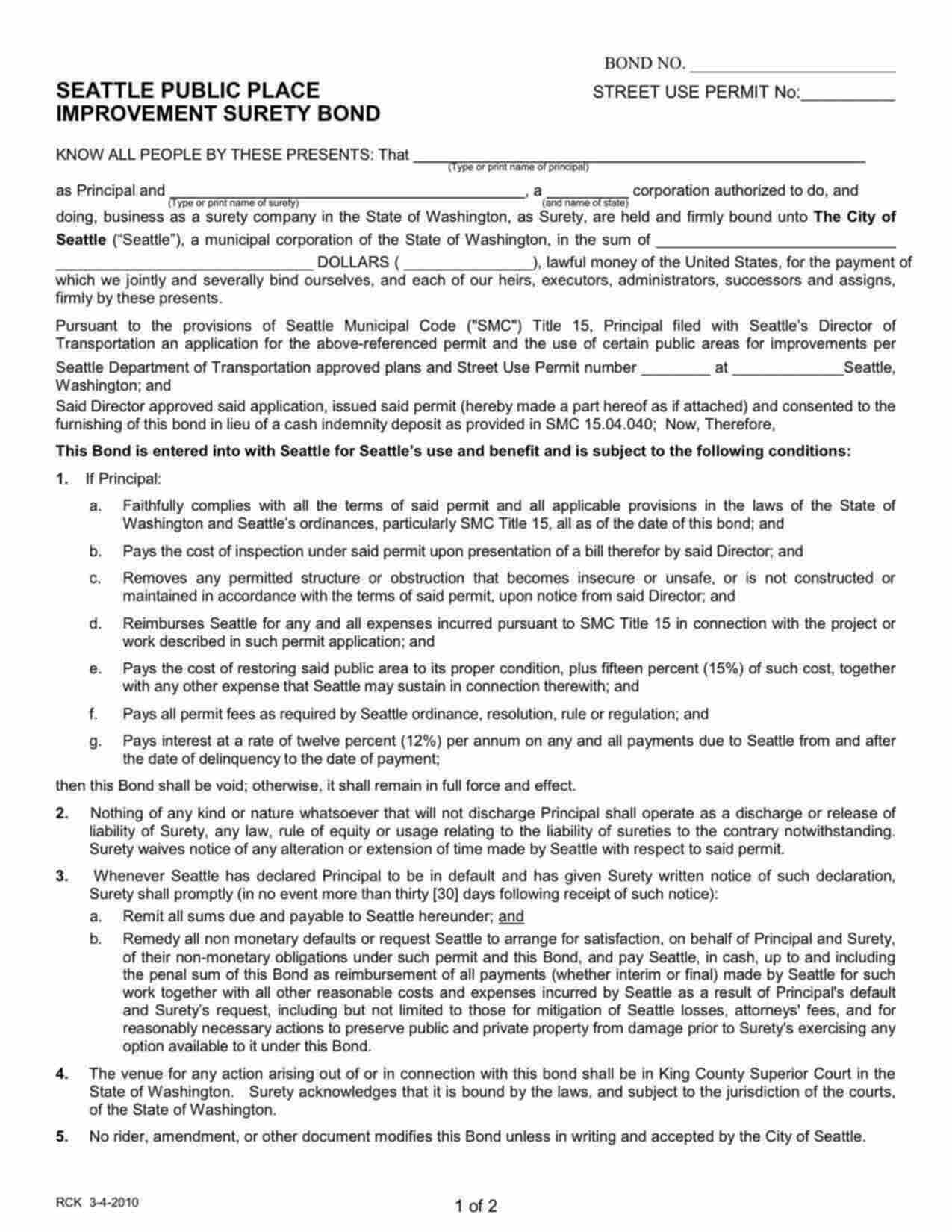 Washington Public Place Improvement Bond Form