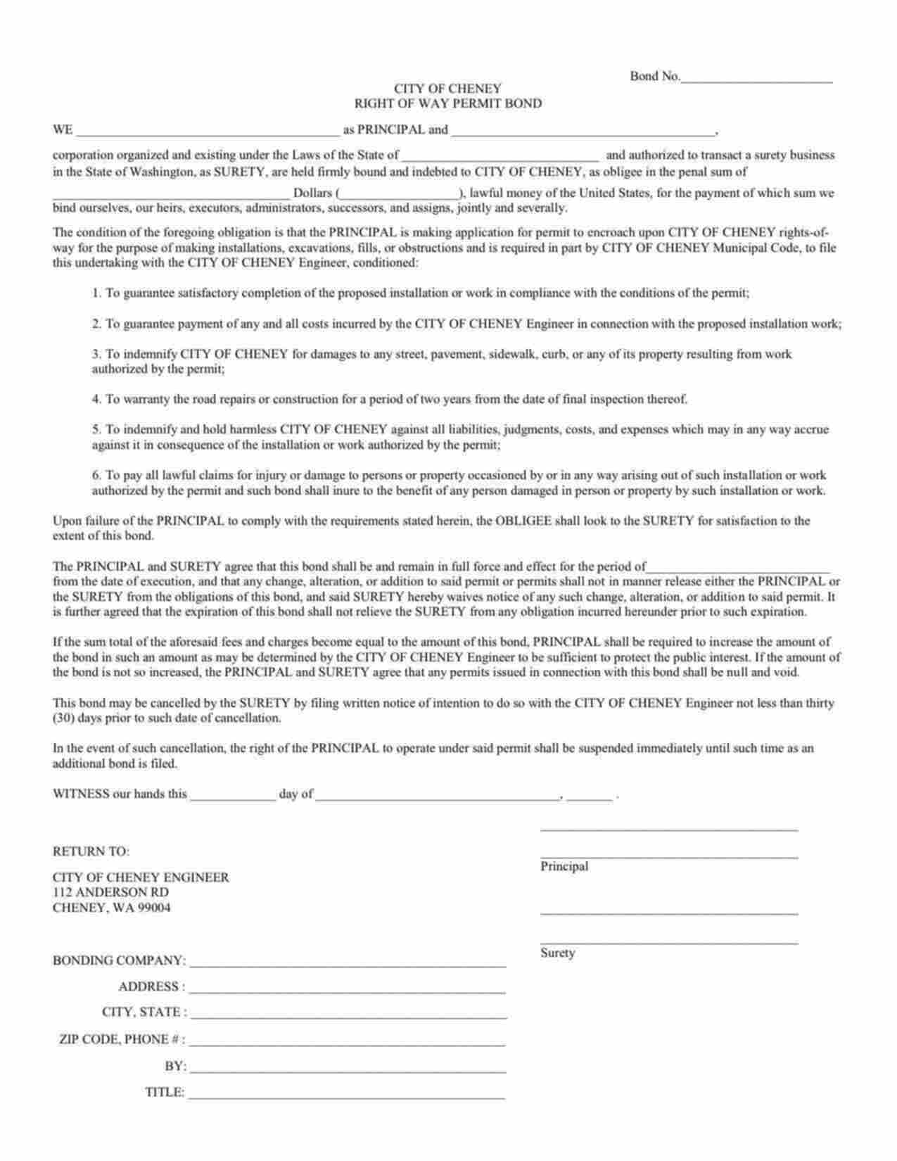 Washington Right of Way Permit Bond Form