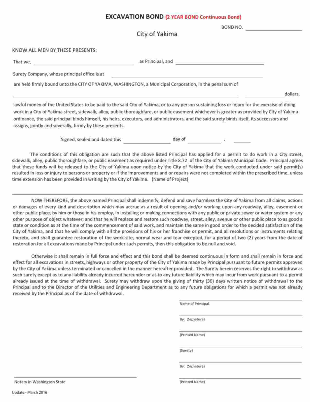 Washington Excavation Bond Form