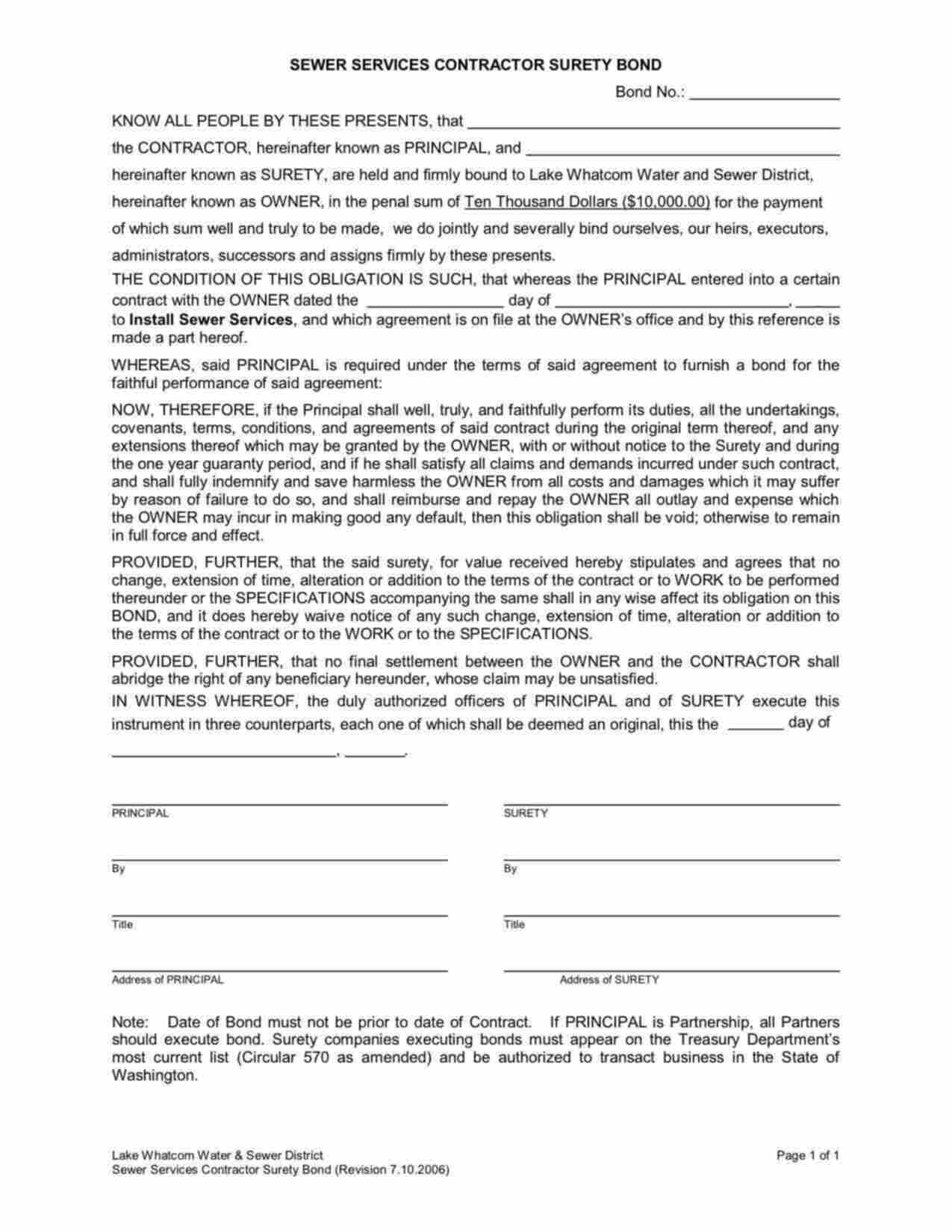 Washington Sewer Services Contractor Bond Form