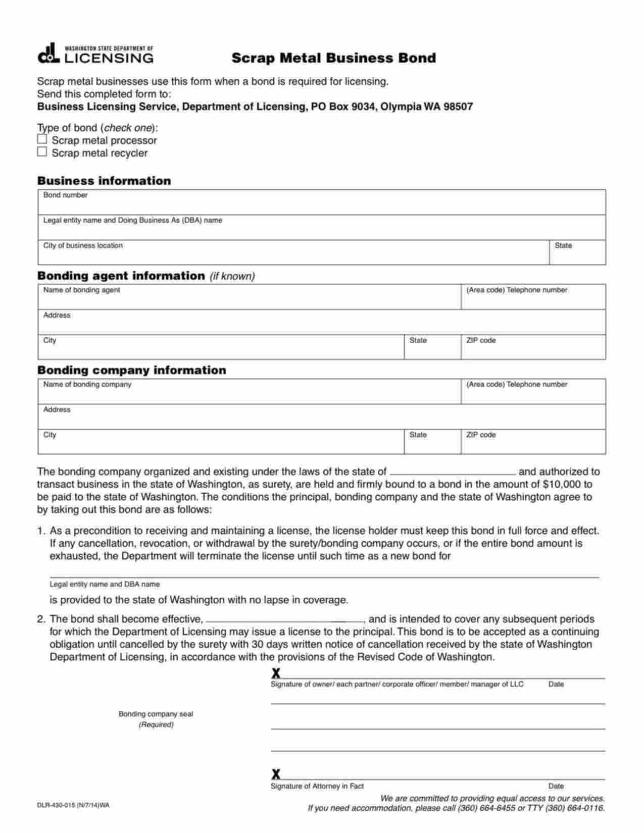 Washington Scrap Metal Processor Bond Form